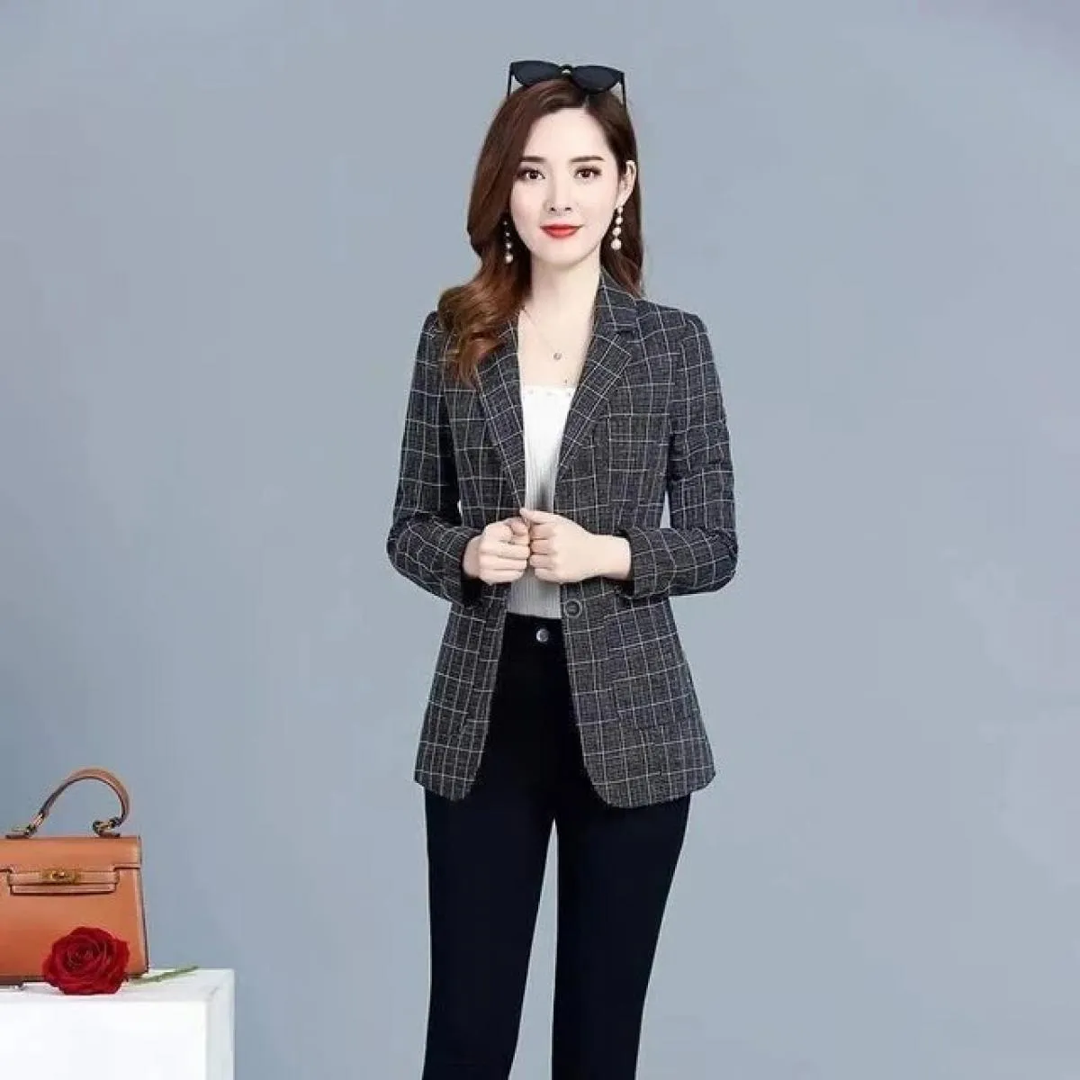 2022 Primavera Autunno Blazer Cappotti Abito da donna Giacca corta Casual Top Capispalla femminile Slim Lattice Blazer Giacca a
