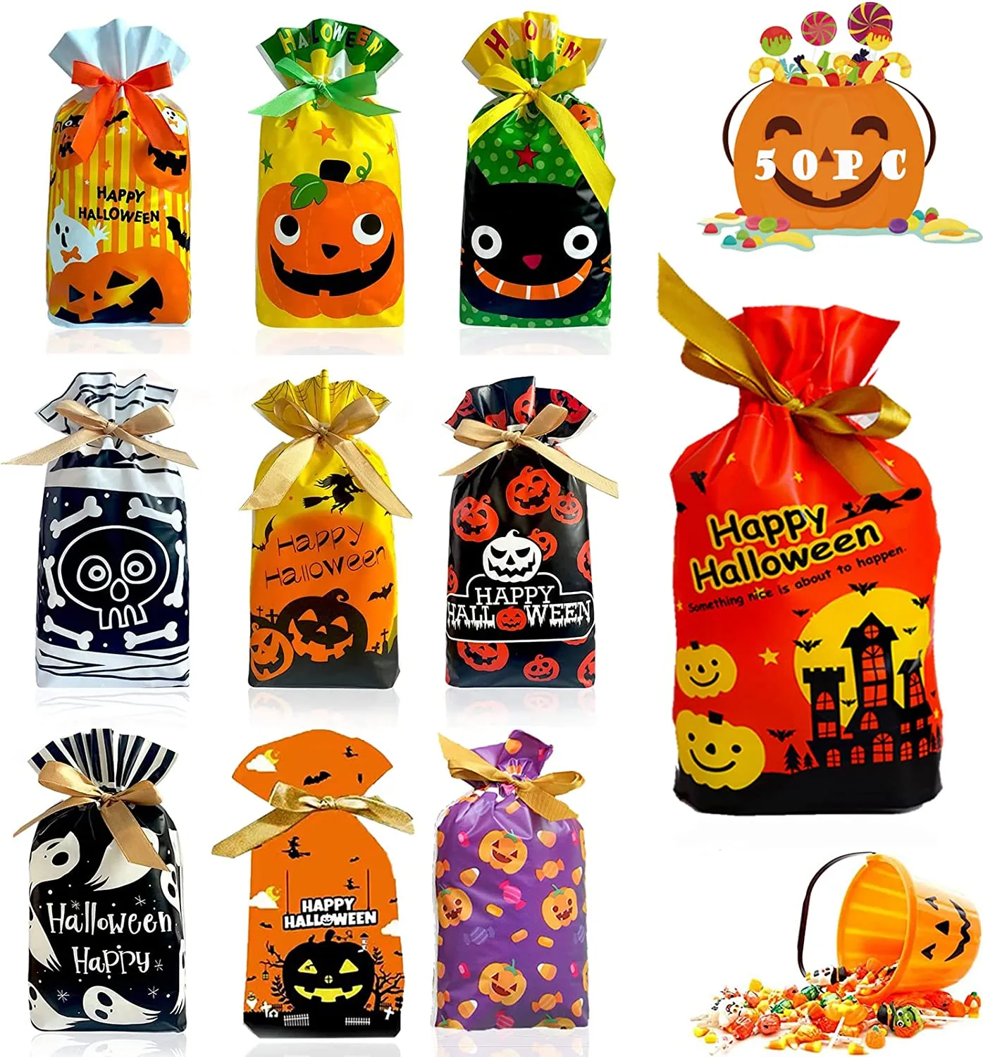 50PCS Sacchetti Dolci di Halloween, Sacchetti Buste Regalo Plastica Dolcetti Trucchi Borsa Sacchetto Biscotti Dolci Zucca Ragno 