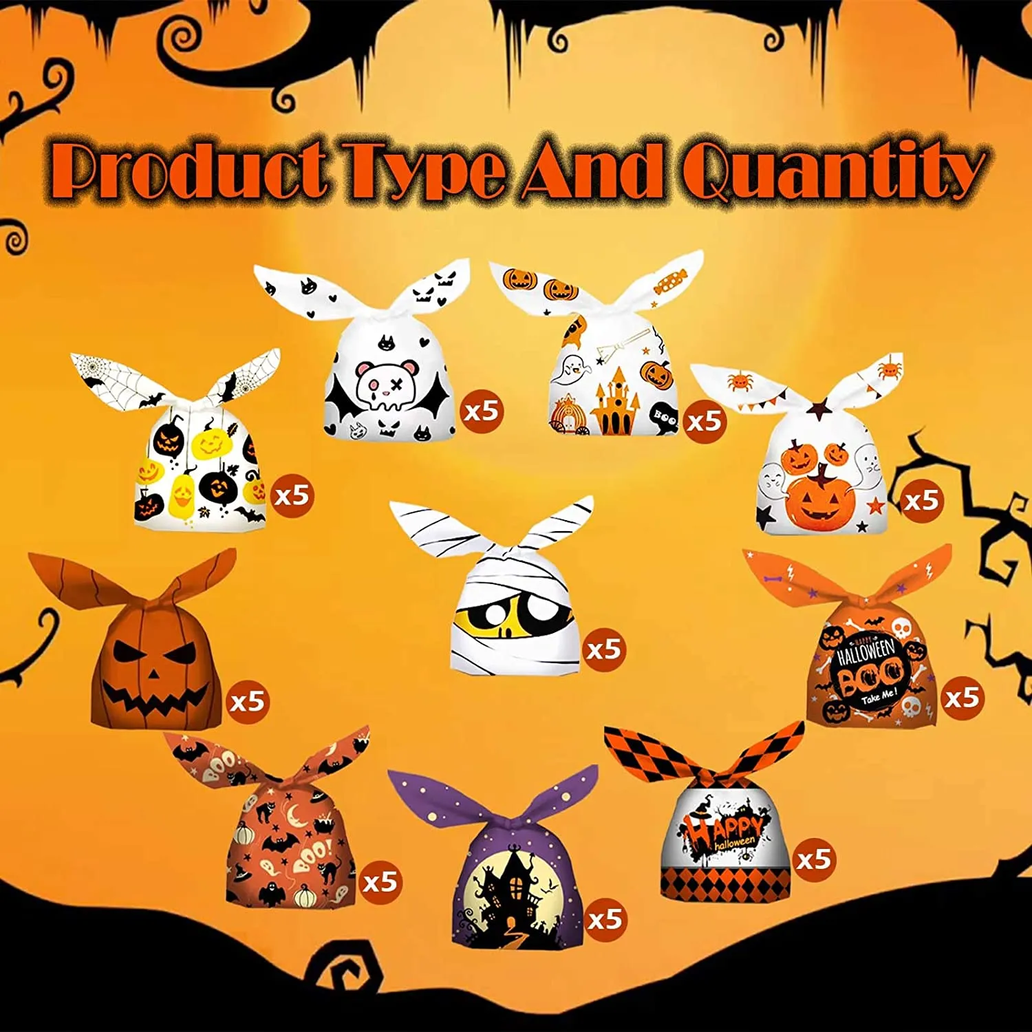 50PCS Sacchetti Dolci di Halloween, Sacchetti Buste Regalo Plastica Dolcetti Trucchi Borsa Sacchetto Biscotti Dolci Zucca Ragno 