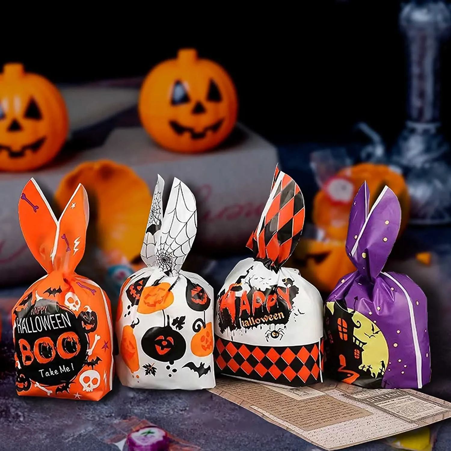 50PCS Sacchetti Dolci di Halloween, Sacchetti Buste Regalo Plastica Dolcetti Trucchi Borsa Sacchetto Biscotti Dolci Zucca Ragno 