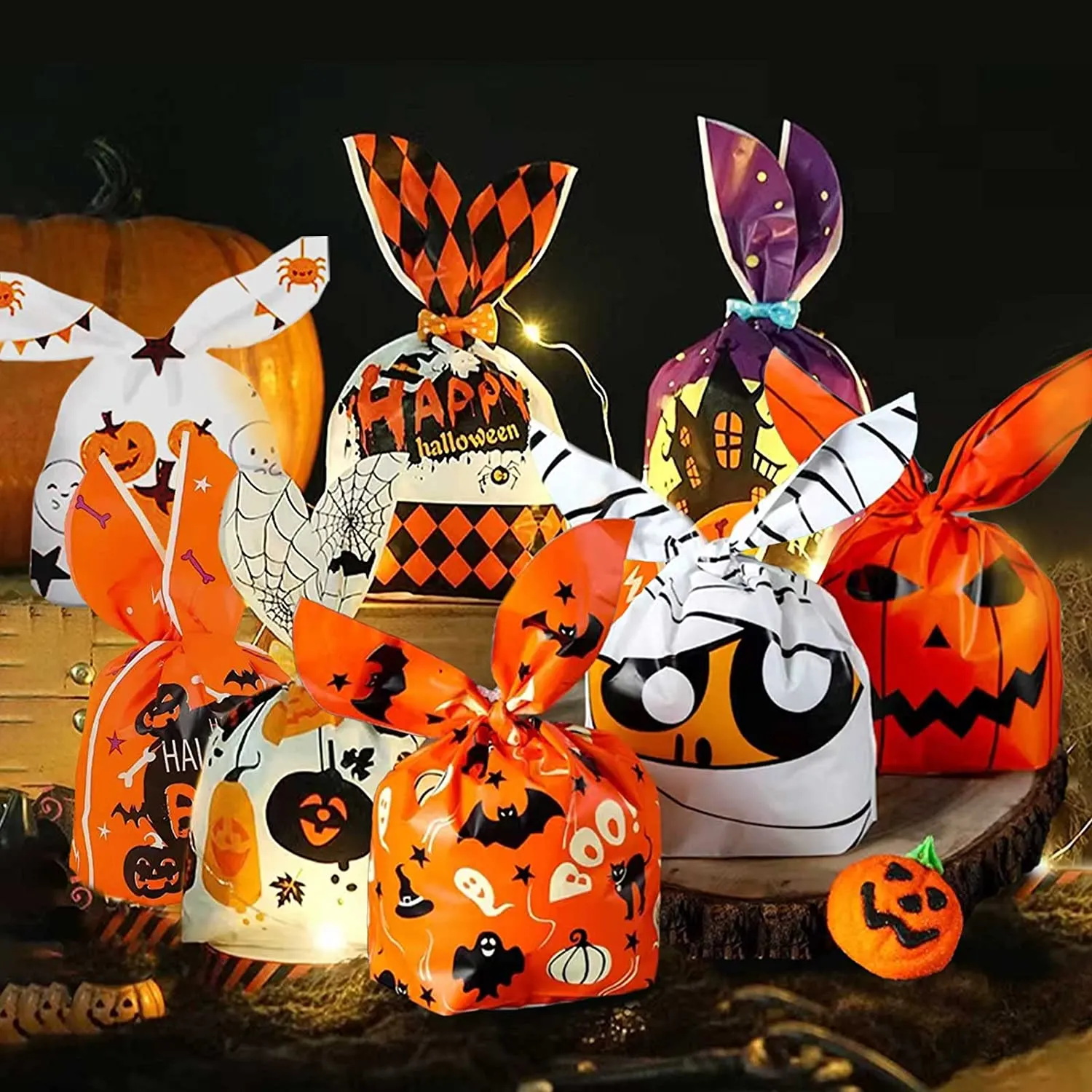 50PCS Sacchetti Dolci di Halloween, Sacchetti Buste Regalo Plastica Dolcetti Trucchi Borsa Sacchetto Biscotti Dolci Zucca Ragno 