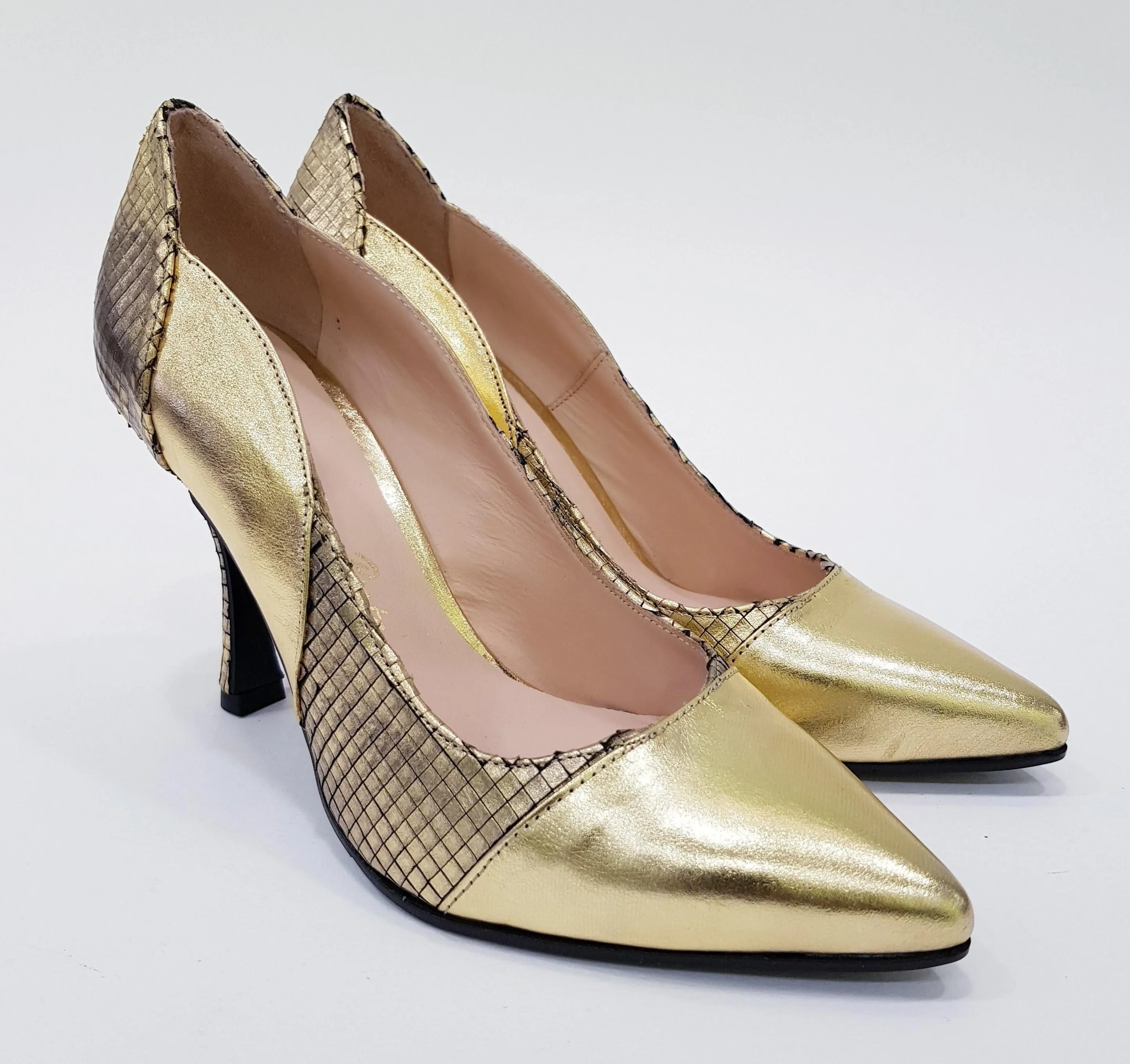 ANDREA PINTO DECOLTE' TACCO ALTO 9,5 CM PELLE LAMINATA-PELLE STAMPATA EFFETTO PITONE ORO RIF.853