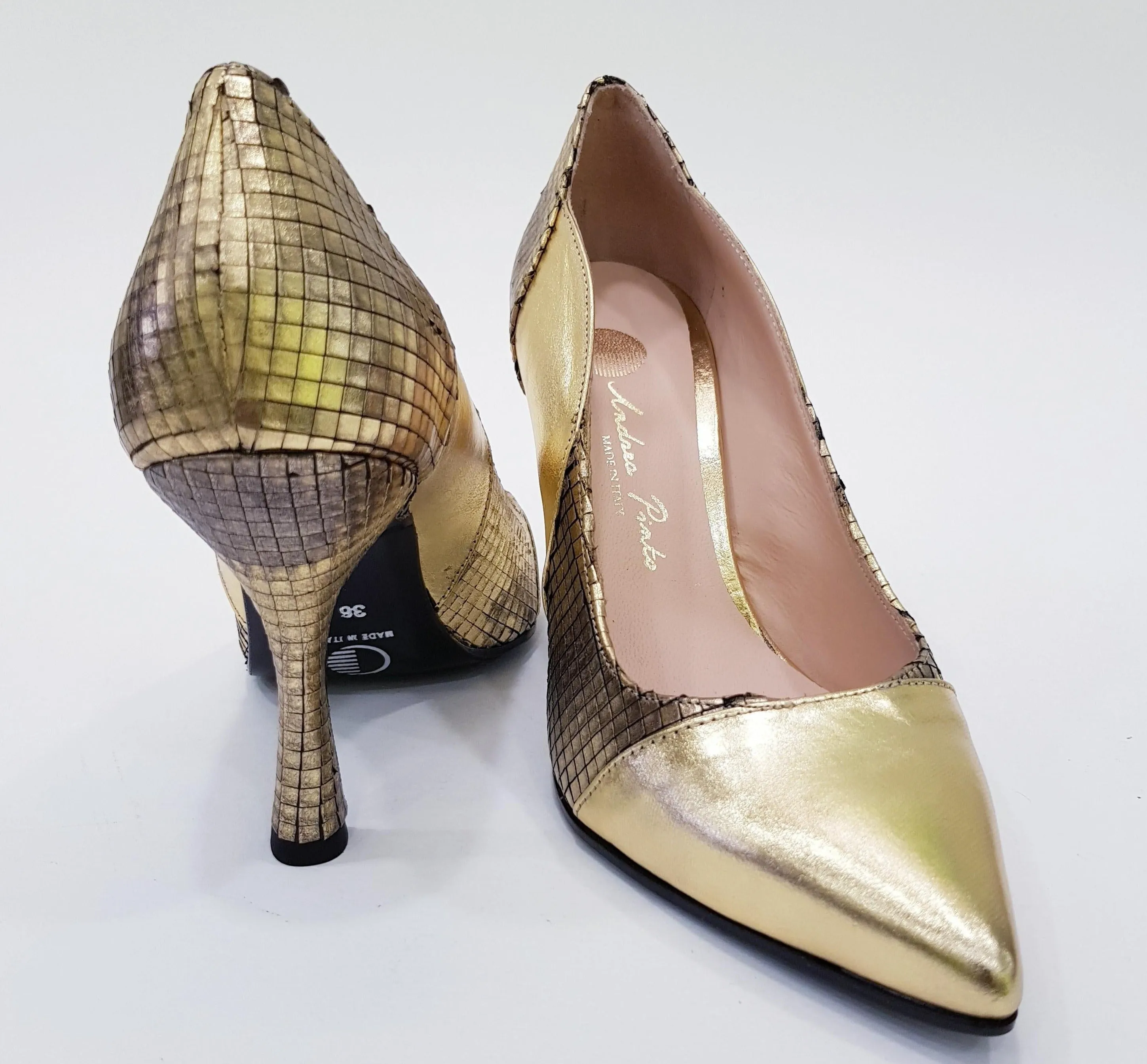 ANDREA PINTO DECOLTE' TACCO ALTO 9,5 CM PELLE LAMINATA-PELLE STAMPATA EFFETTO PITONE ORO RIF.853