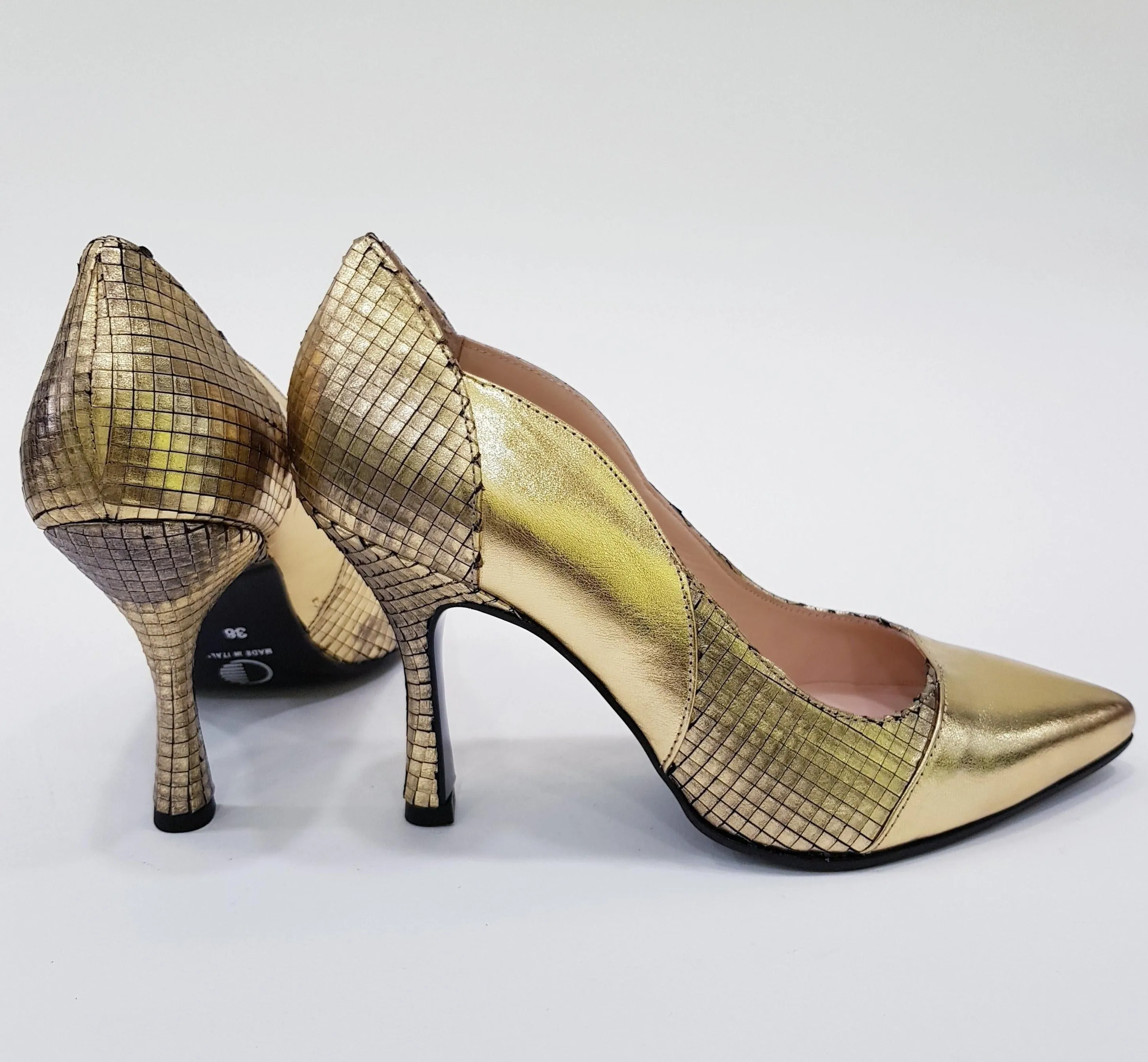 ANDREA PINTO DECOLTE' TACCO ALTO 9,5 CM PELLE LAMINATA-PELLE STAMPATA EFFETTO PITONE ORO RIF.853