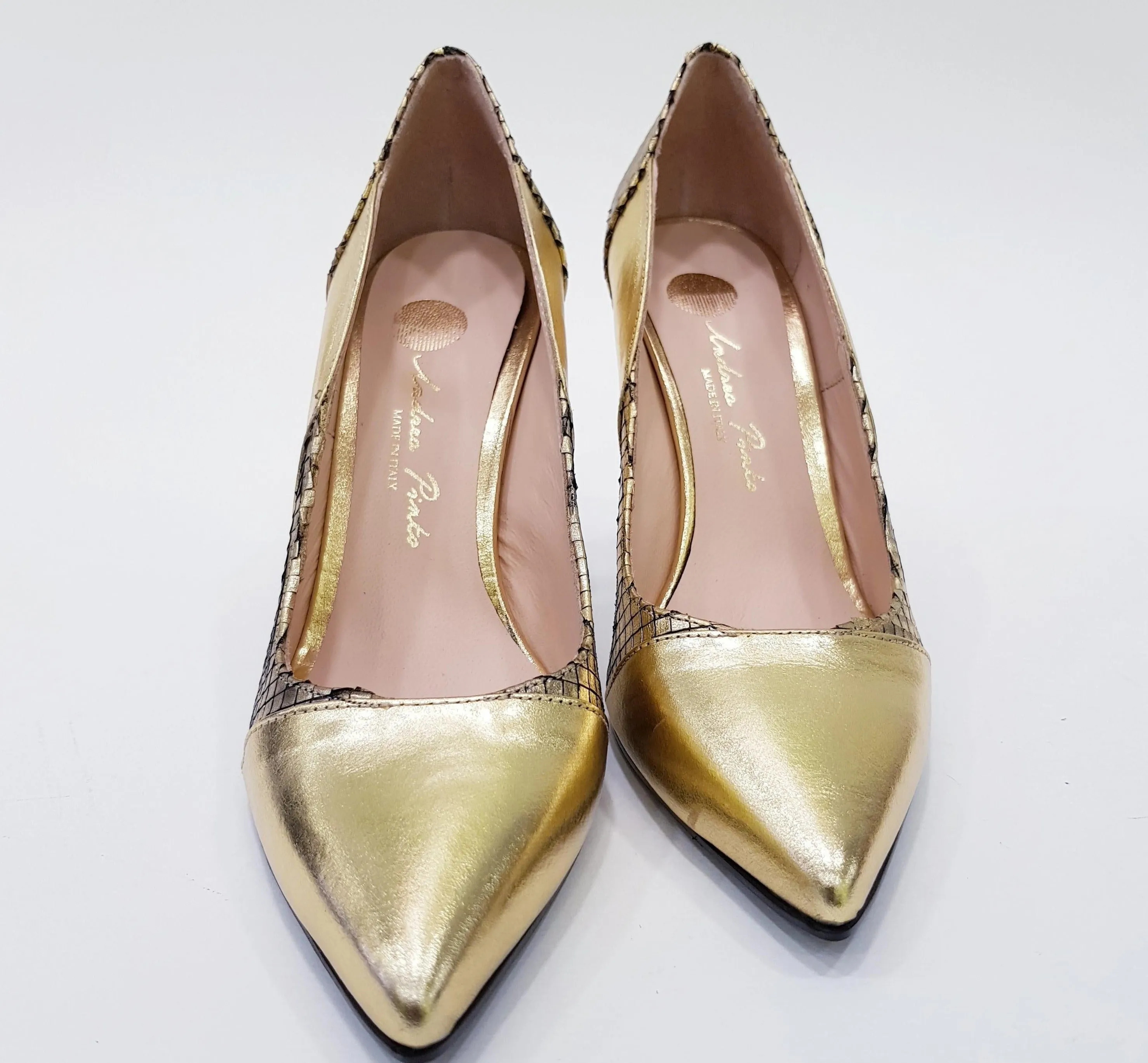 ANDREA PINTO DECOLTE' TACCO ALTO 9,5 CM PELLE LAMINATA-PELLE STAMPATA EFFETTO PITONE ORO RIF.853