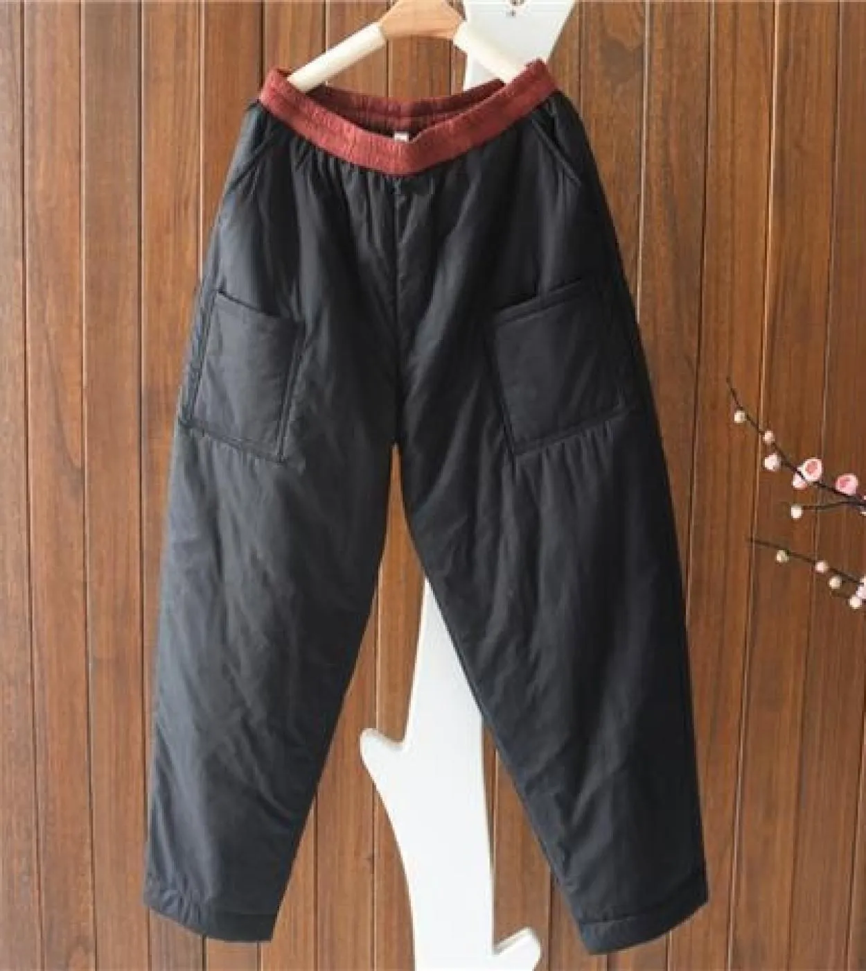 Autunno Inverno New Arts Style Donna Vita elastica Addensare Pantaloni larghi caldi Pantaloni Harem in cotone trapuntato con dop