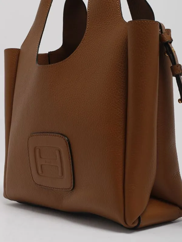 Borsa donna Hogan shopper in pelle martellata con logo goffrato Cuoio
