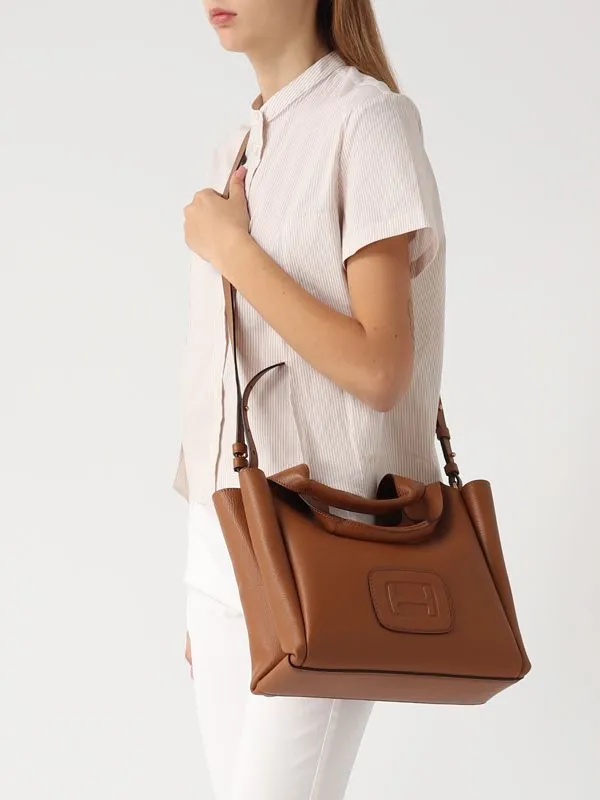 Borsa donna Hogan shopper in pelle martellata con logo goffrato Cuoio