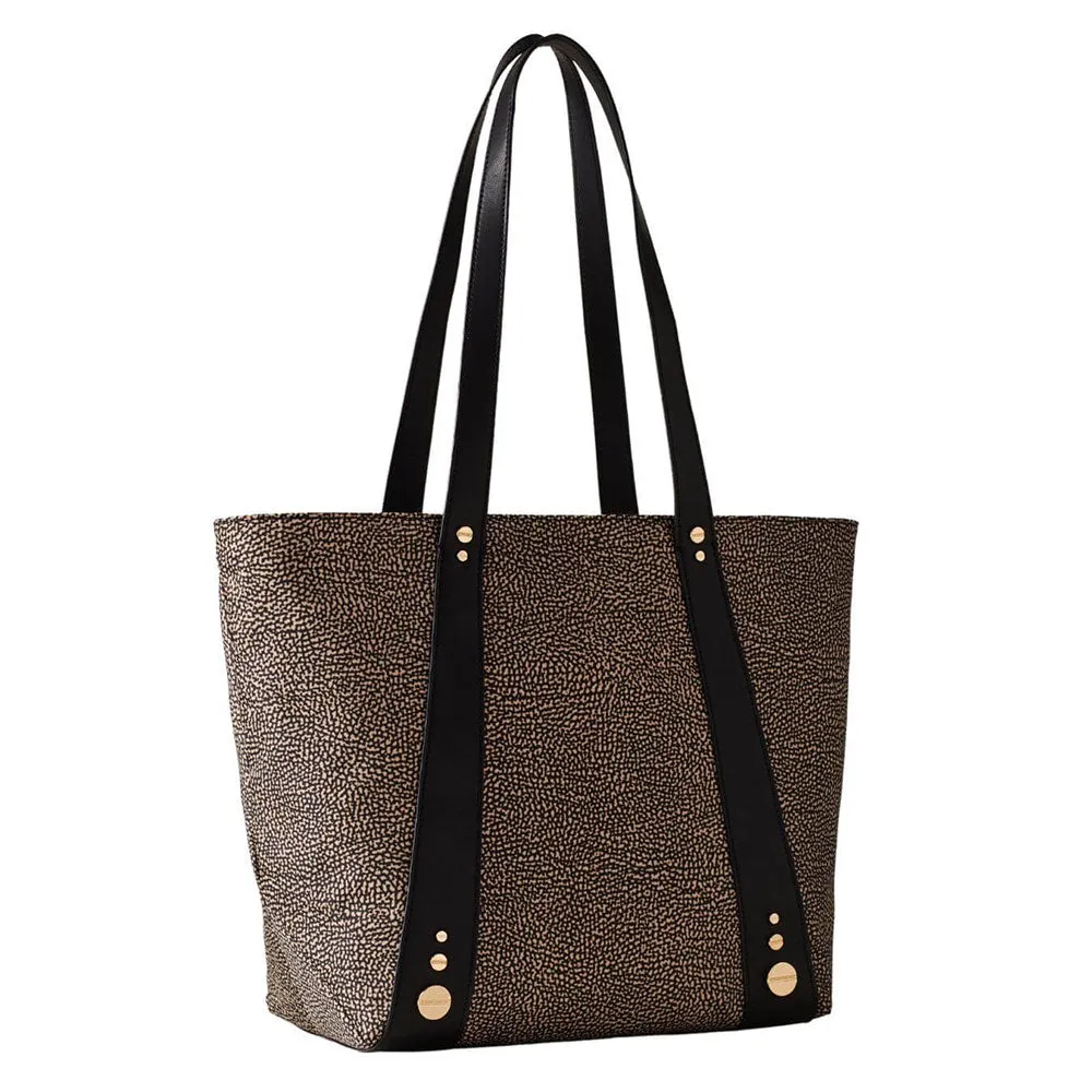 Borsa Donna Shopping BORBONESE linea Road Medium in Nylon OP Naturale e Pelle Nera