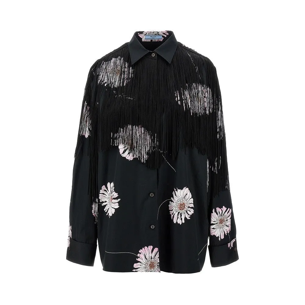 Camicia in popeline stampa Gerbere con frange