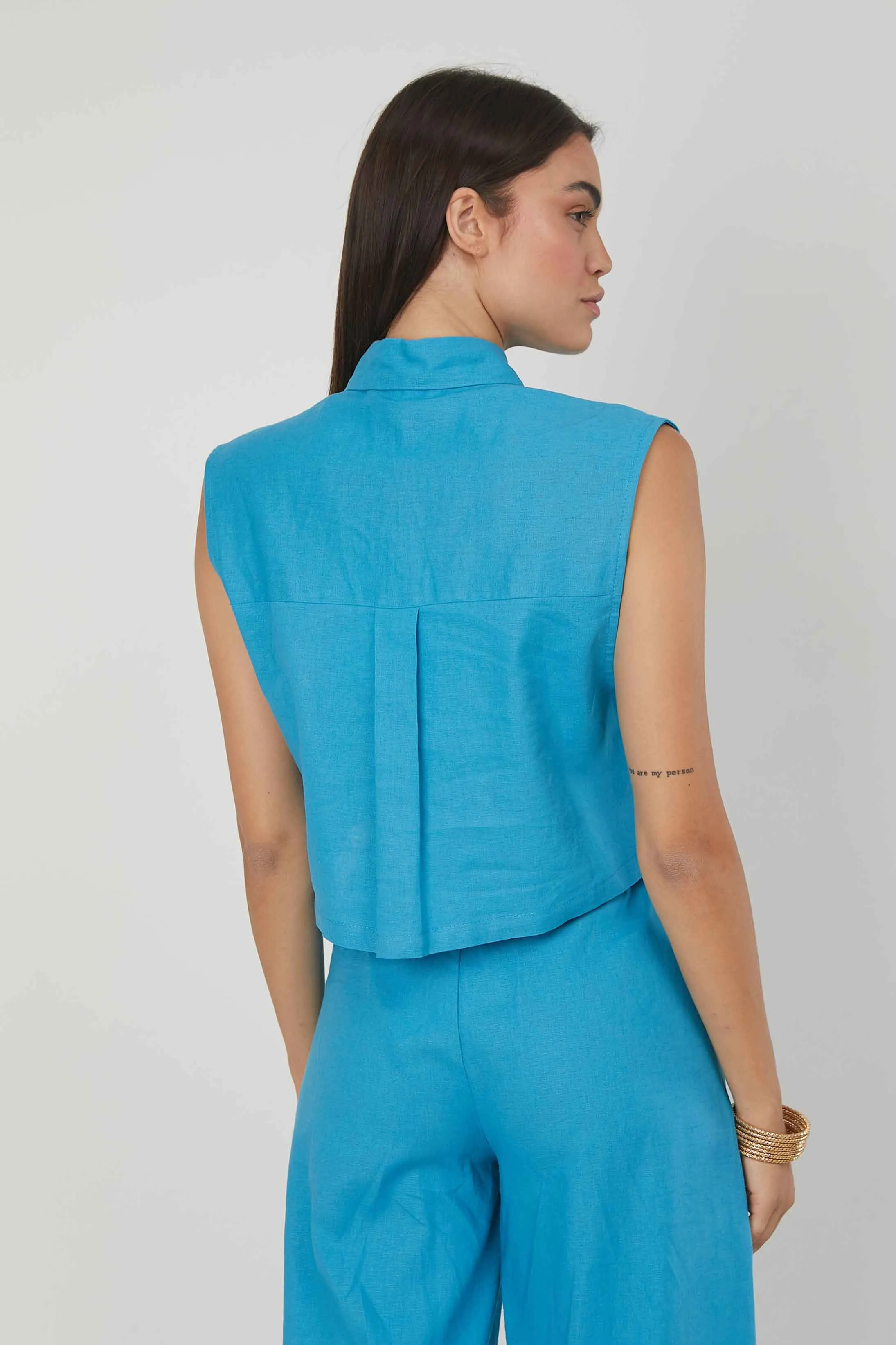 CAMICIA SMANICATA LINO SKY BLUE