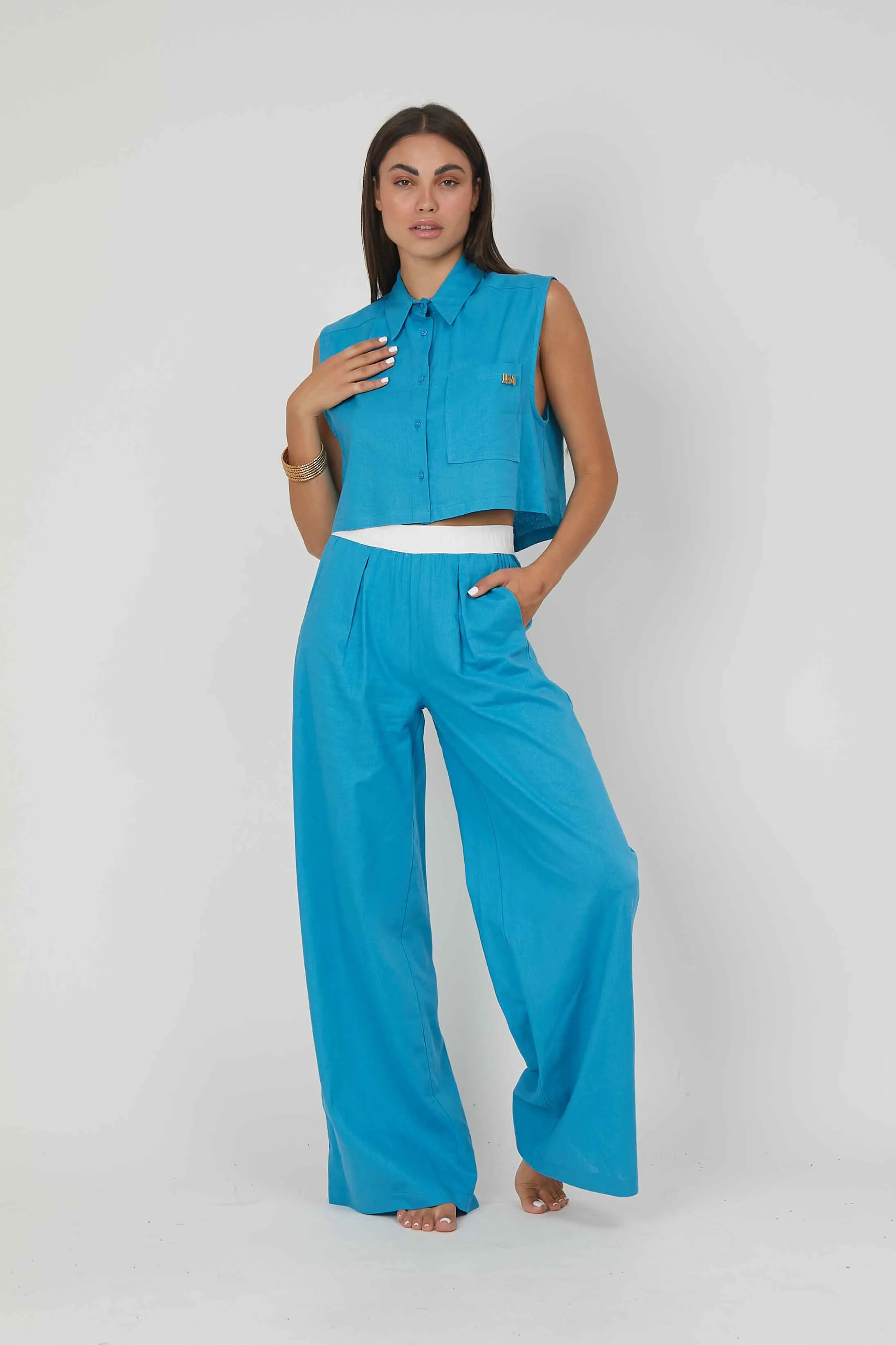 CAMICIA SMANICATA LINO SKY BLUE