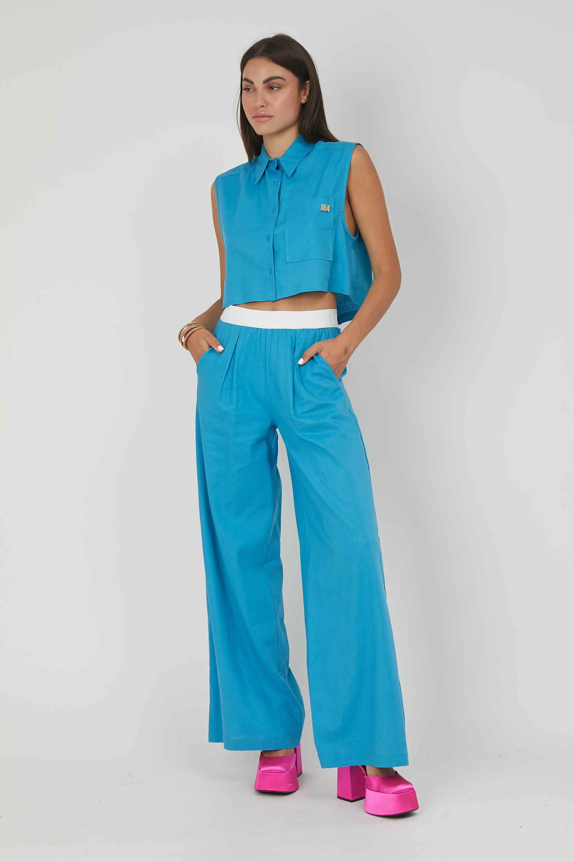 CAMICIA SMANICATA LINO SKY BLUE