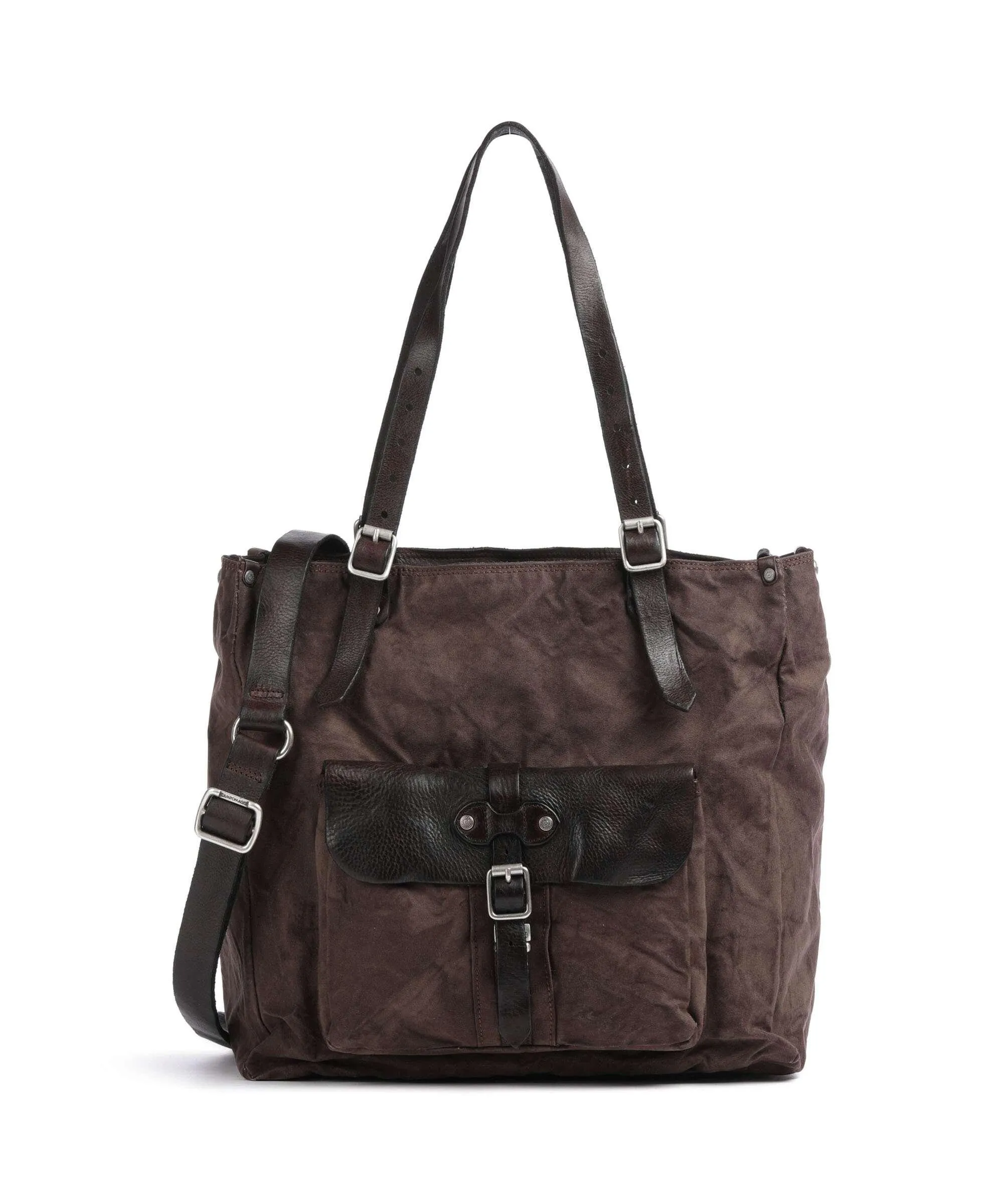  Campomaggi Borsa shopper cotone, pelle di vacchetta grana marrone scuro  