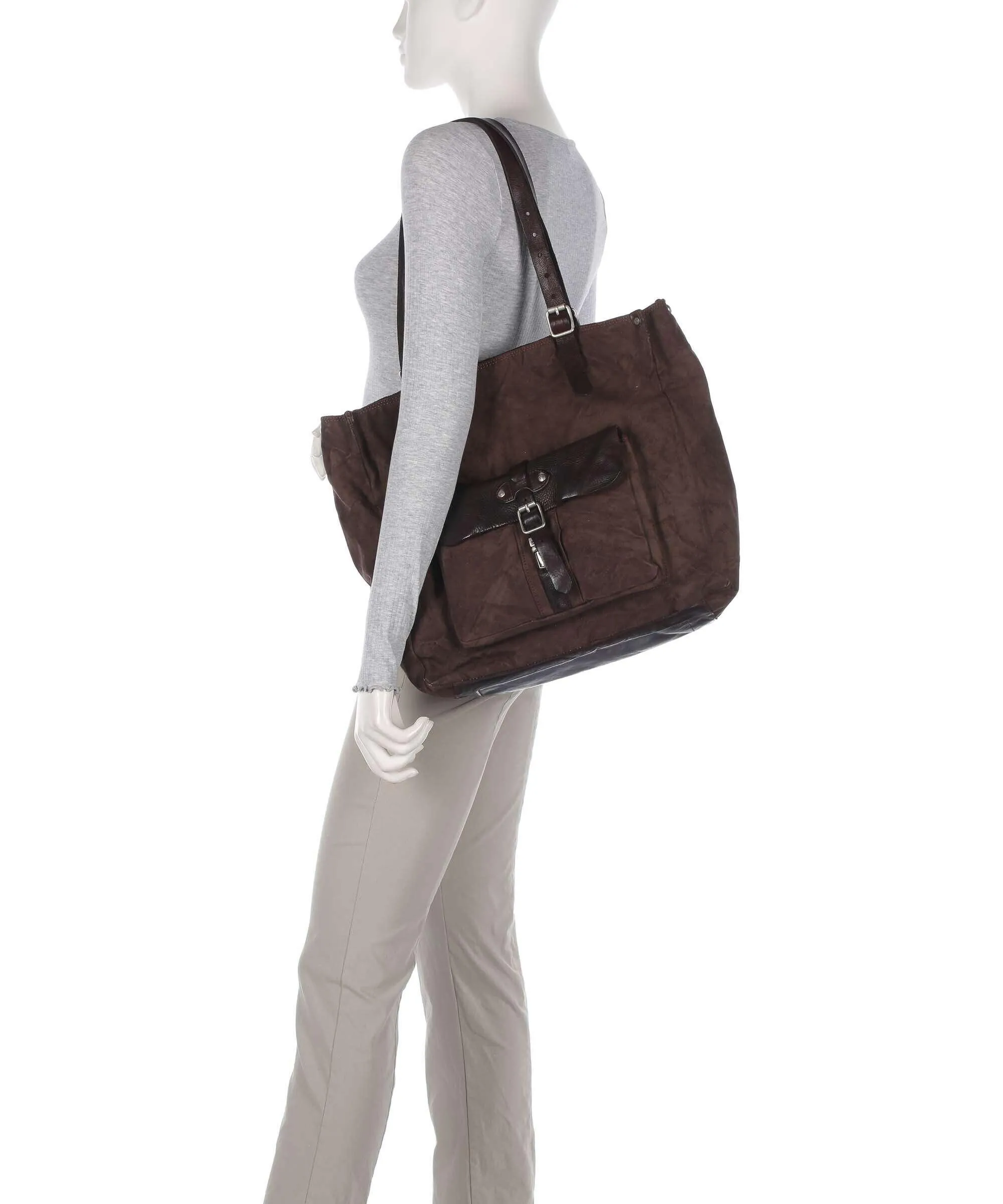  Campomaggi Borsa shopper cotone, pelle di vacchetta grana marrone scuro  