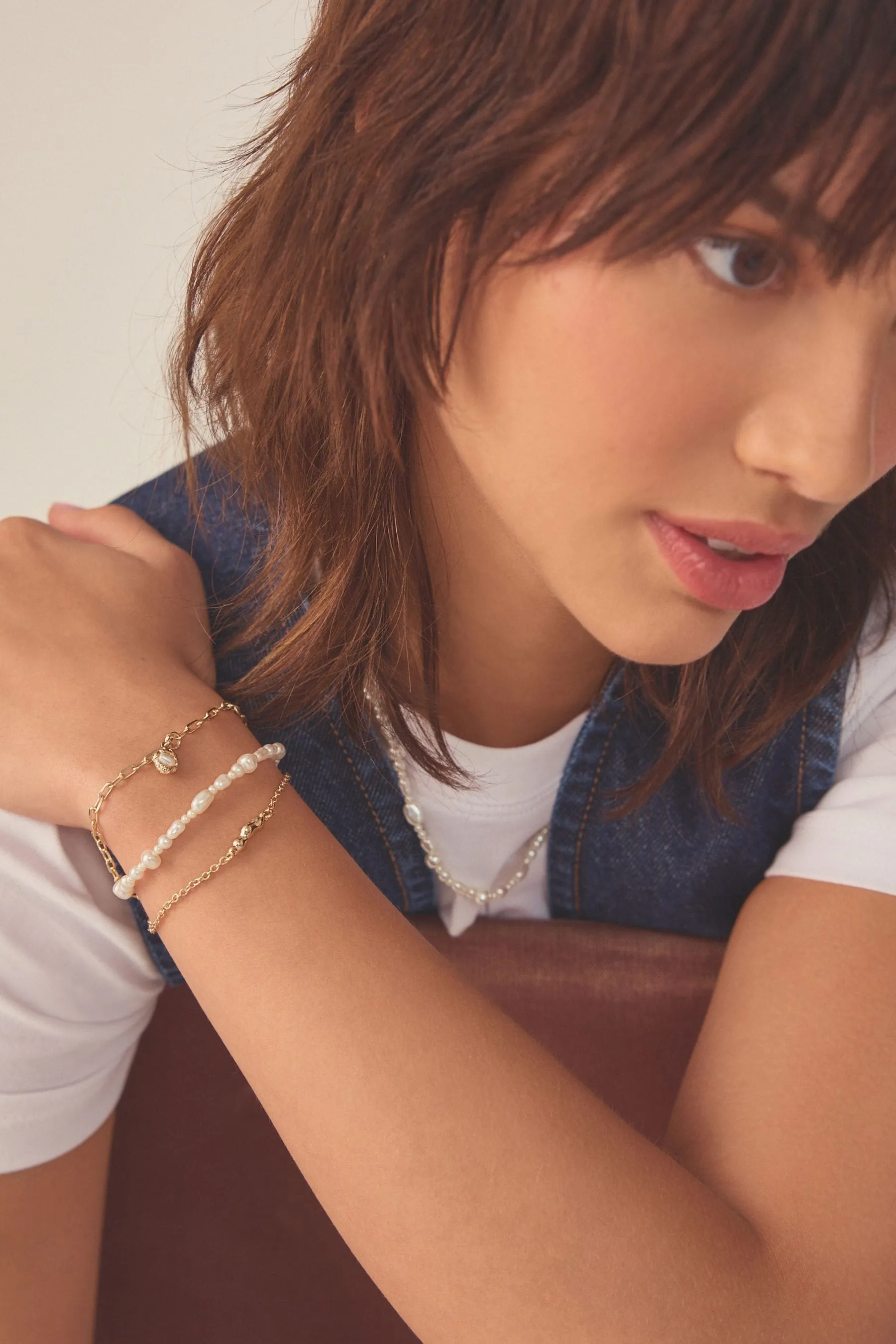 Dorato  - Confezione bracciale a catena in metallo riciclato con perle