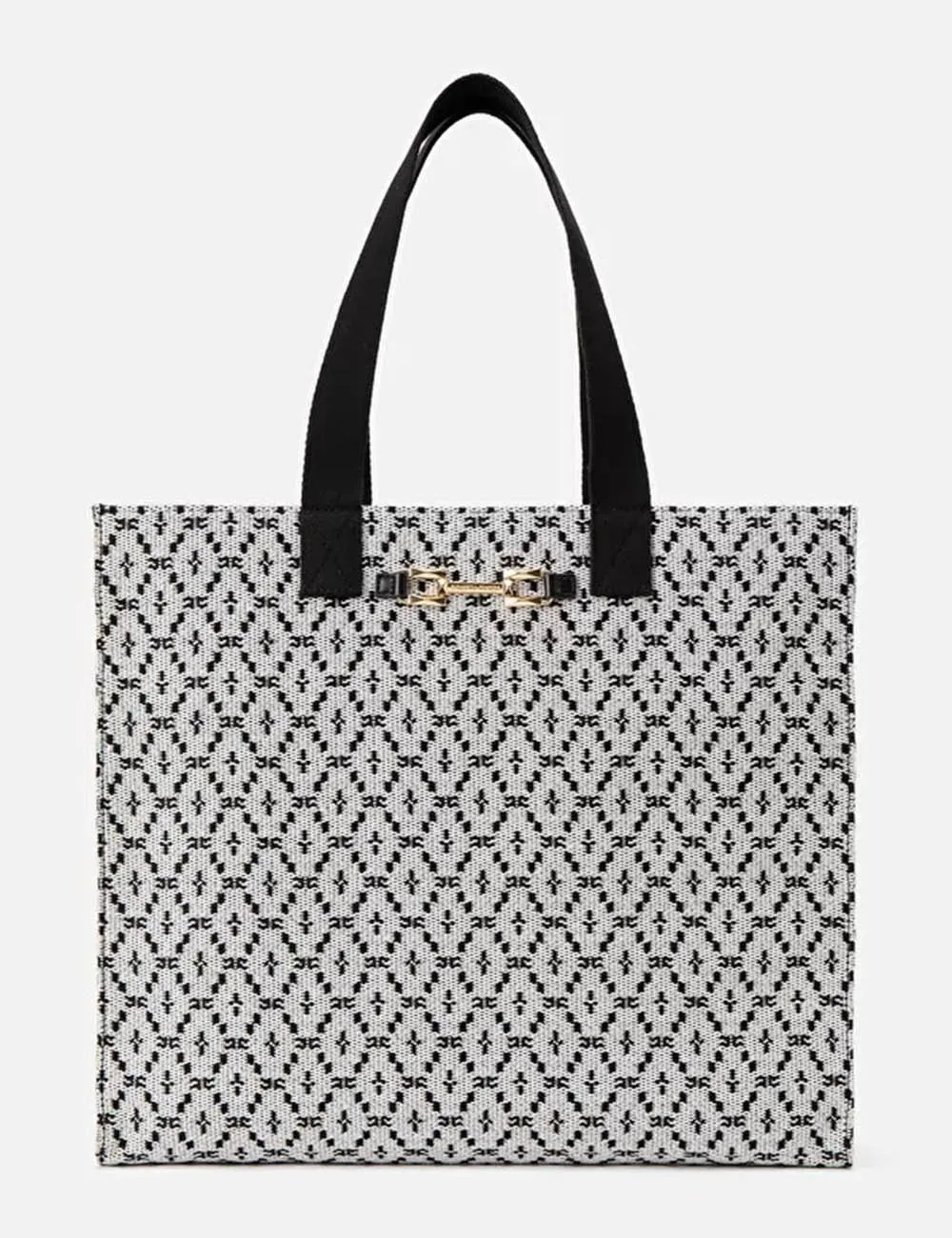 Elisabetta Franchi     Borsa Shopper grande in rafia con tessuto jacquard Avorio/Nero
