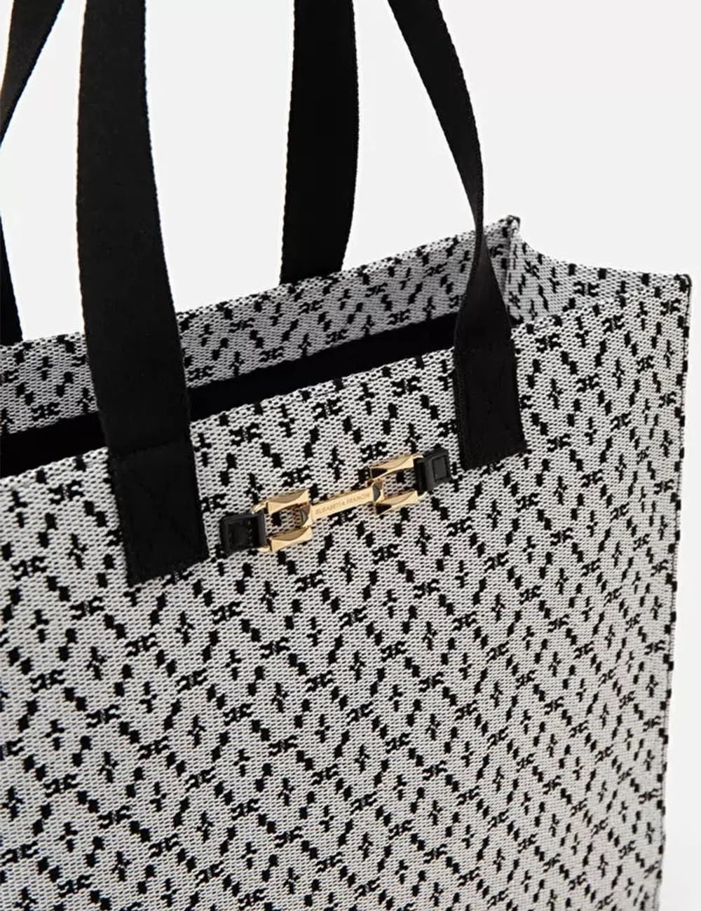 Elisabetta Franchi     Borsa Shopper grande in rafia con tessuto jacquard Avorio/Nero