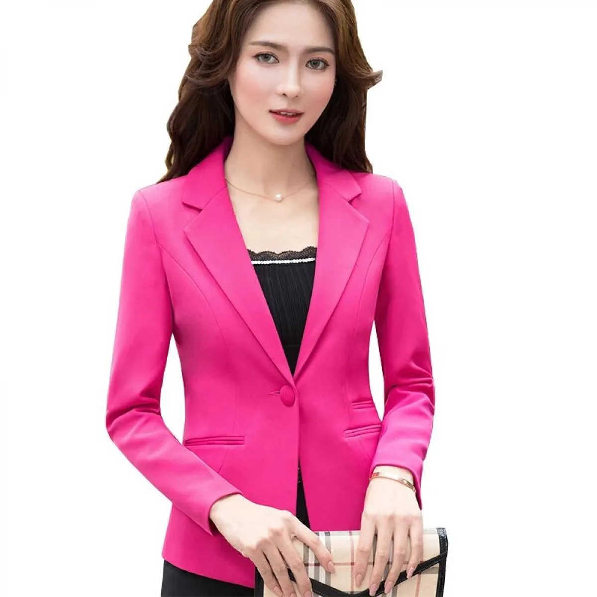Giacca da lavoro da lavoro femminile Blazer da donna Primavera Estate Manica lunga Un bottone Slim Giallo Rosa Nero Cappotti