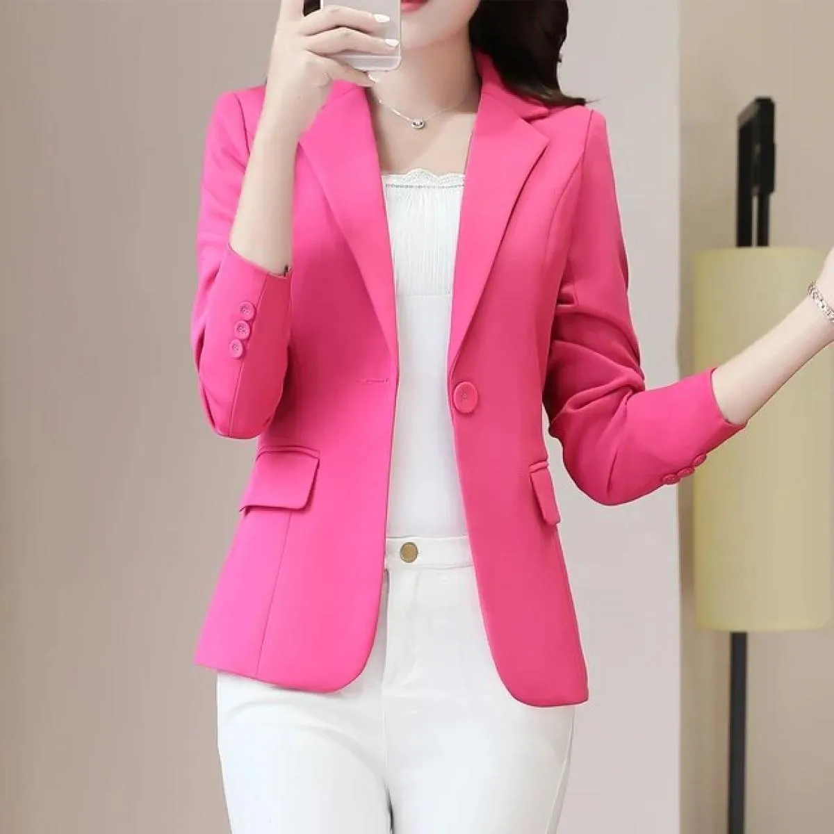 Giacca da lavoro da lavoro femminile Blazer da donna Primavera Estate Manica lunga Un bottone Slim Giallo Rosa Nero Cappotti