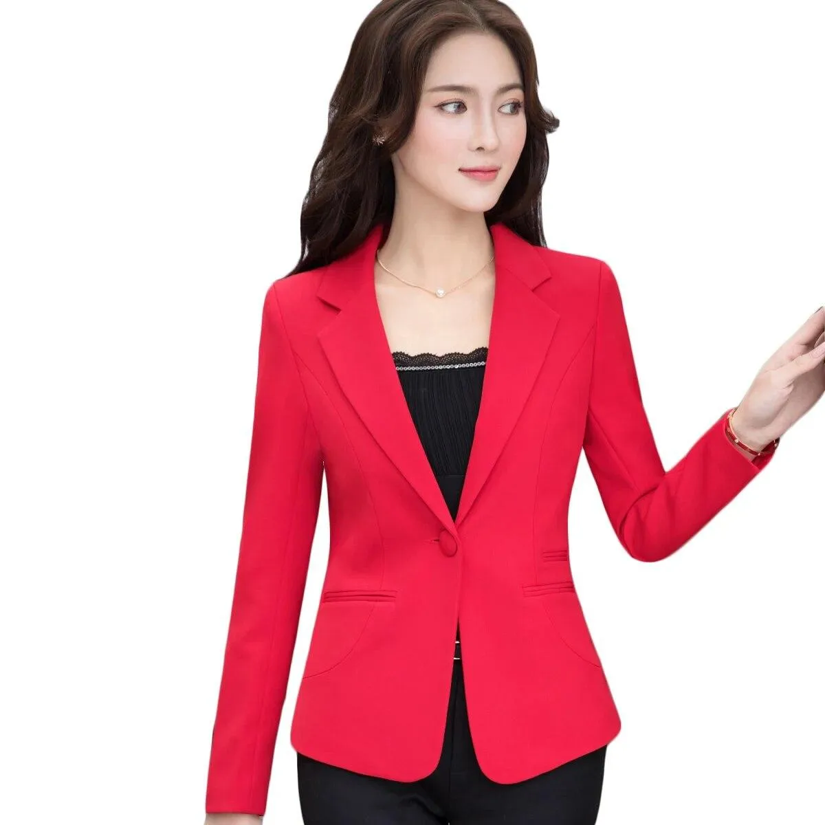 Giacca da lavoro da lavoro femminile Blazer da donna Primavera Estate Manica lunga Un bottone Slim Giallo Rosa Nero Cappotti
