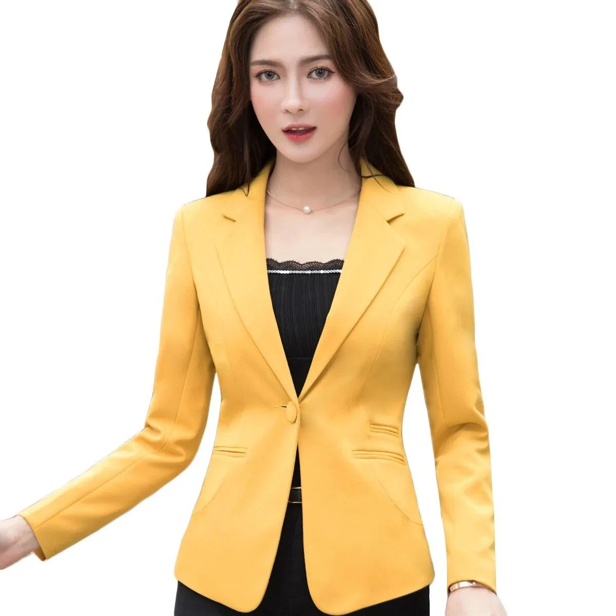 Giacca da lavoro da lavoro femminile Blazer da donna Primavera Estate Manica lunga Un bottone Slim Giallo Rosa Nero Cappotti