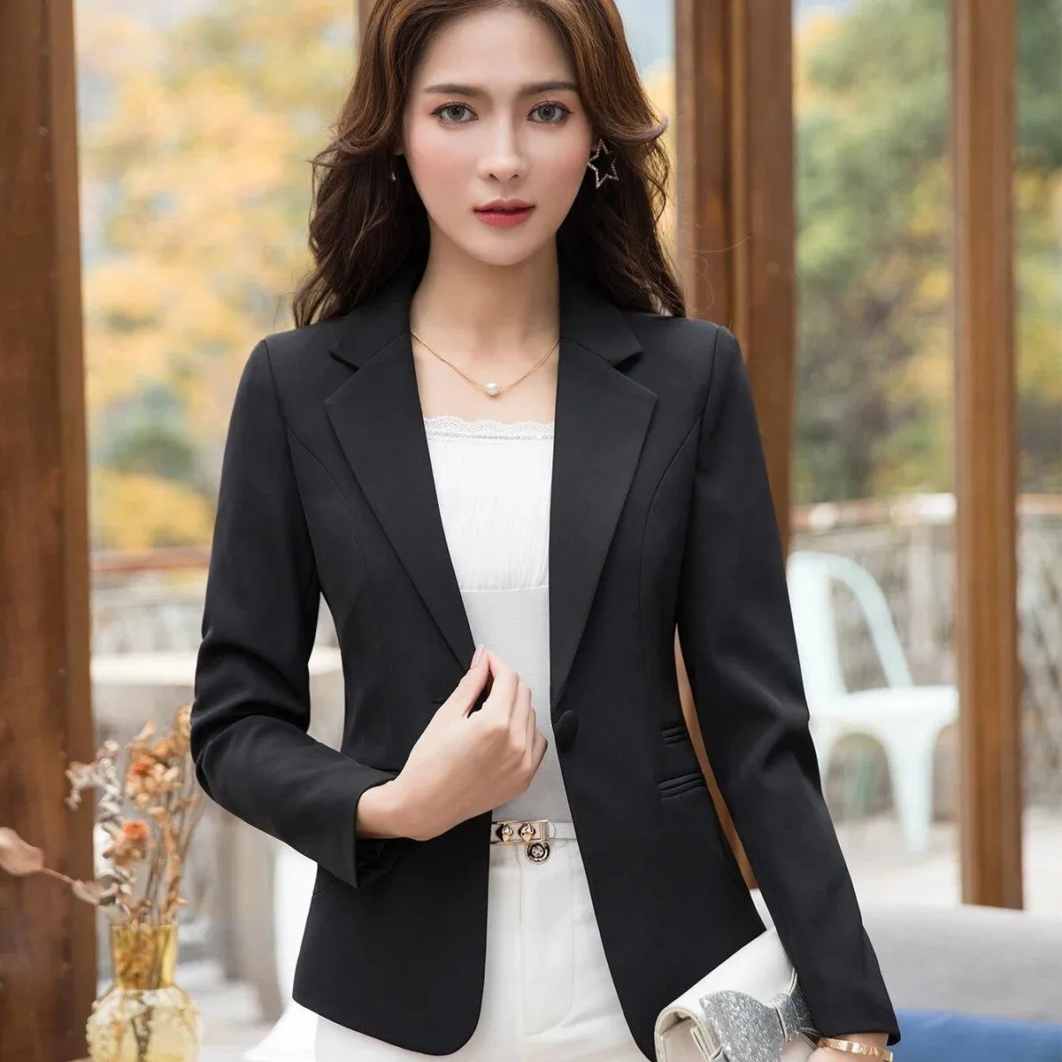Giacca da lavoro da lavoro femminile Blazer da donna Primavera Estate Manica lunga Un bottone Slim Giallo Rosa Nero Cappotti