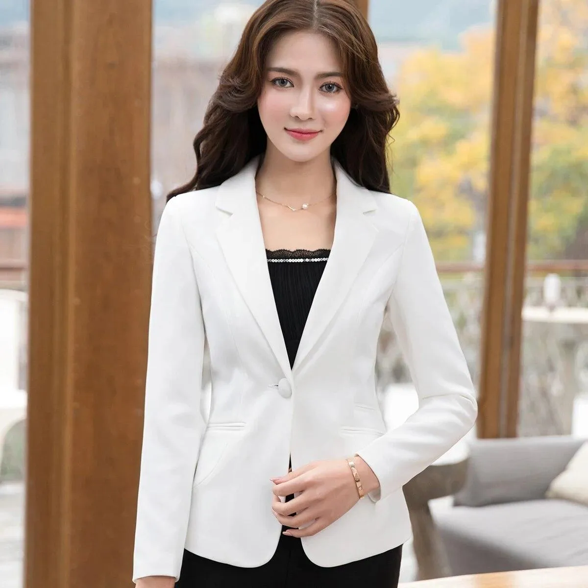 Giacca da lavoro da lavoro femminile Blazer da donna Primavera Estate Manica lunga Un bottone Slim Giallo Rosa Nero Cappotti