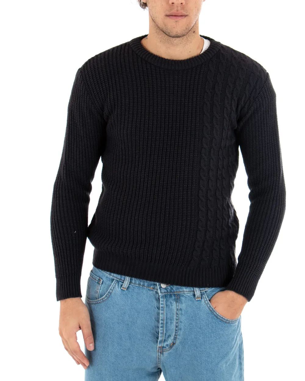 Maglioncino Uomo Girocollo Maglia Inglese Basic Con Trecce Blu GIOSAL-M2424A