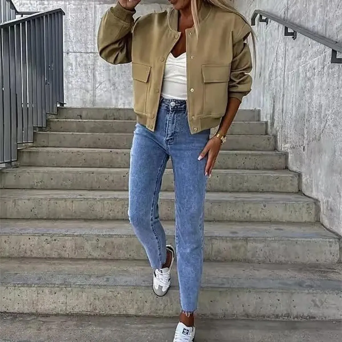 Moda vintage da donna con tasche Bomber Cappotti Manica lunga Bottone frontale Capispalla femminile casual Top chic