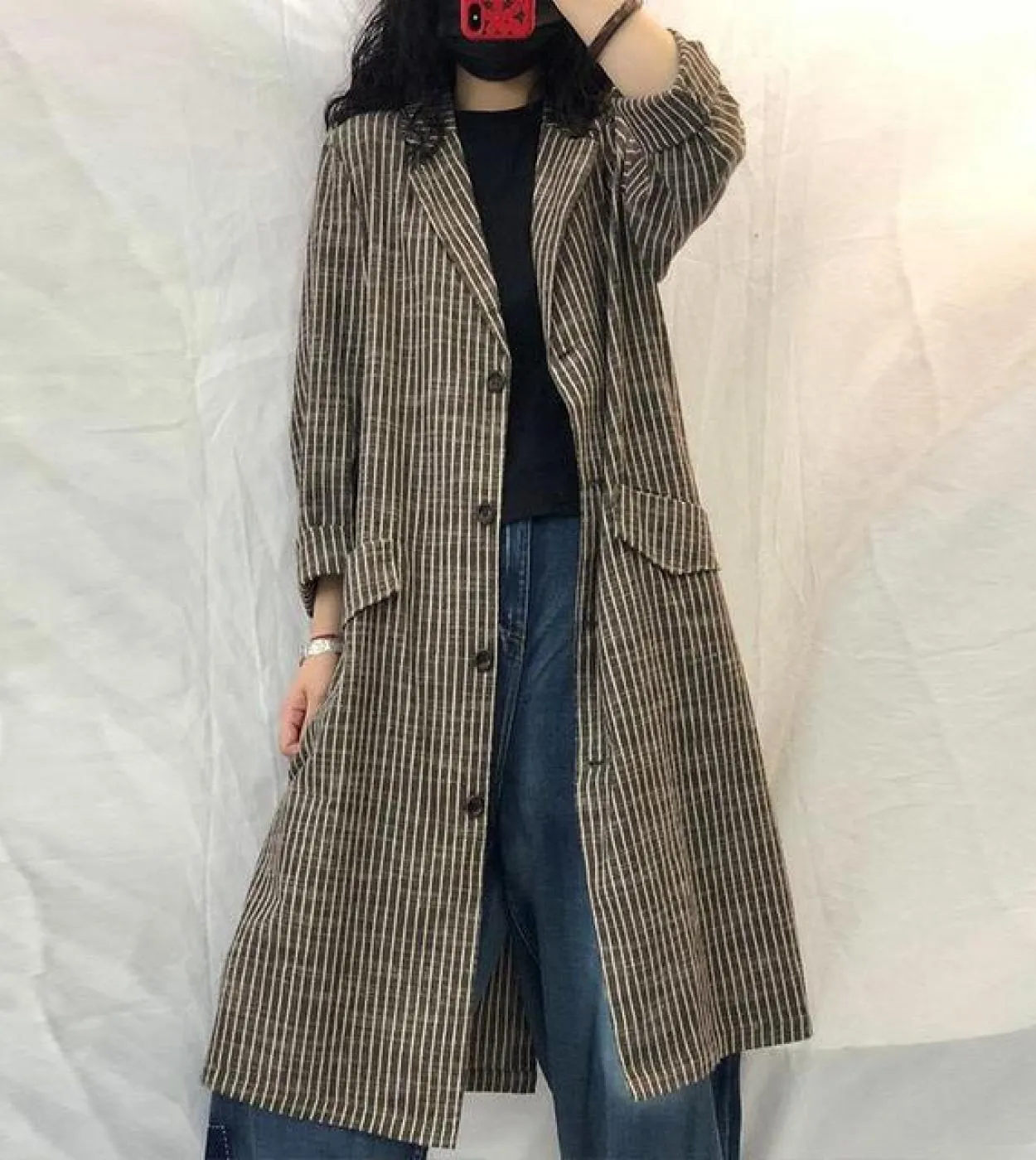 Primavera Autunno New Arts Style Donna Trench lungo a righe larghe Cappotto monopetto in lino di cotone Cappotti vintage Femme M