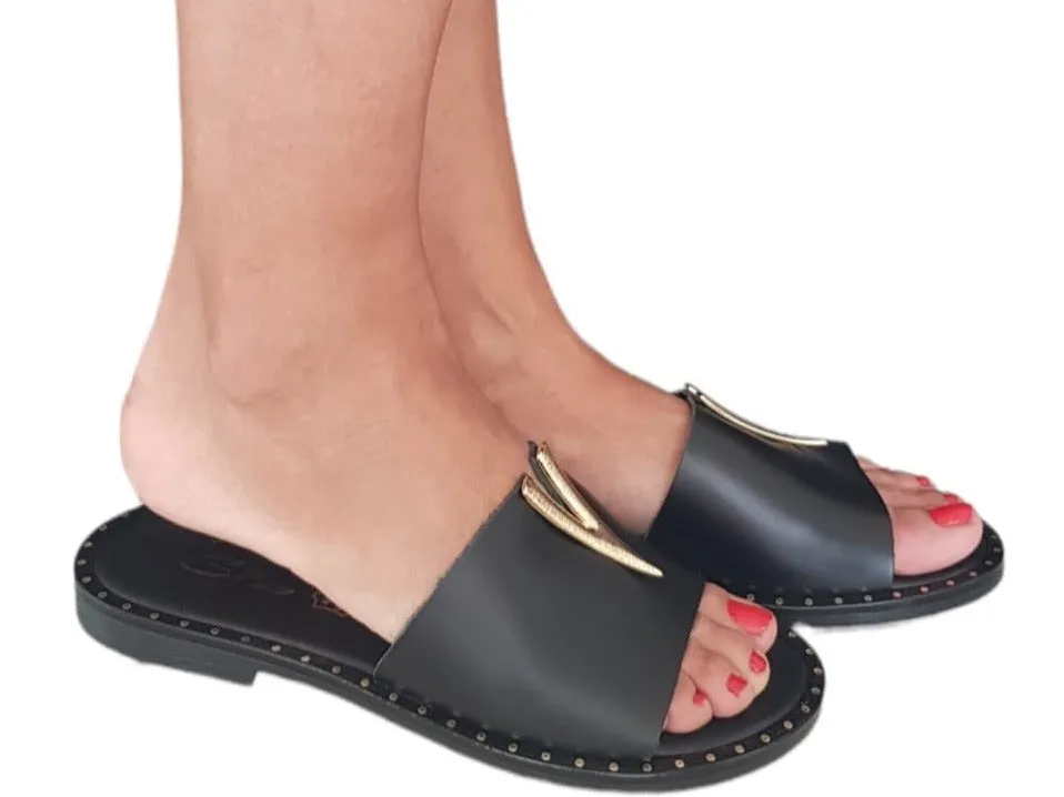 San Piero sandalo basso infradito pelle Nero accessorio oro rif.18