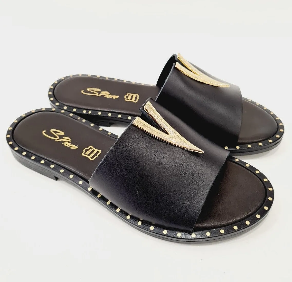 San Piero sandalo basso infradito pelle Nero accessorio oro rif.18