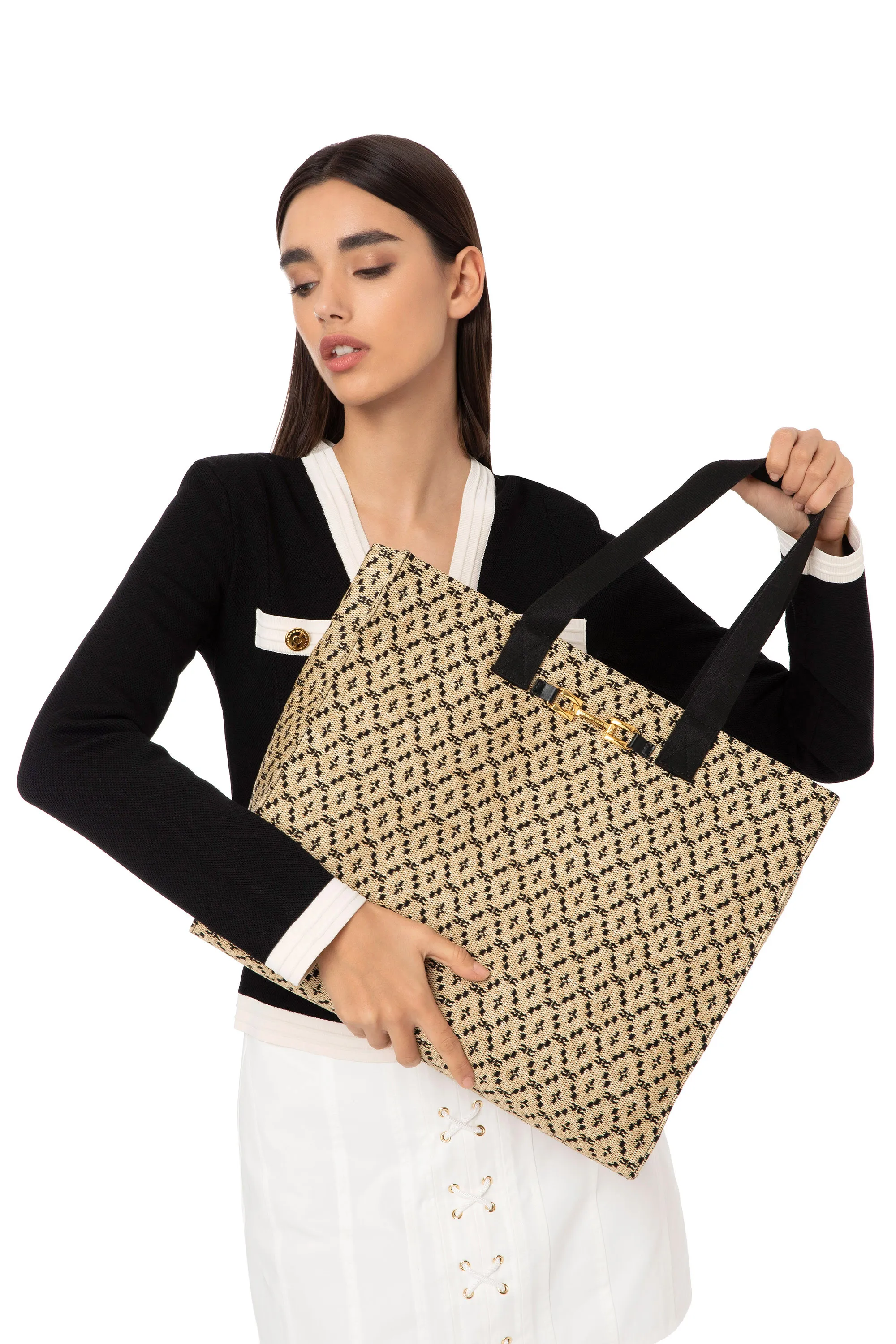 Shopper grande in rafia con tessuto jacquard