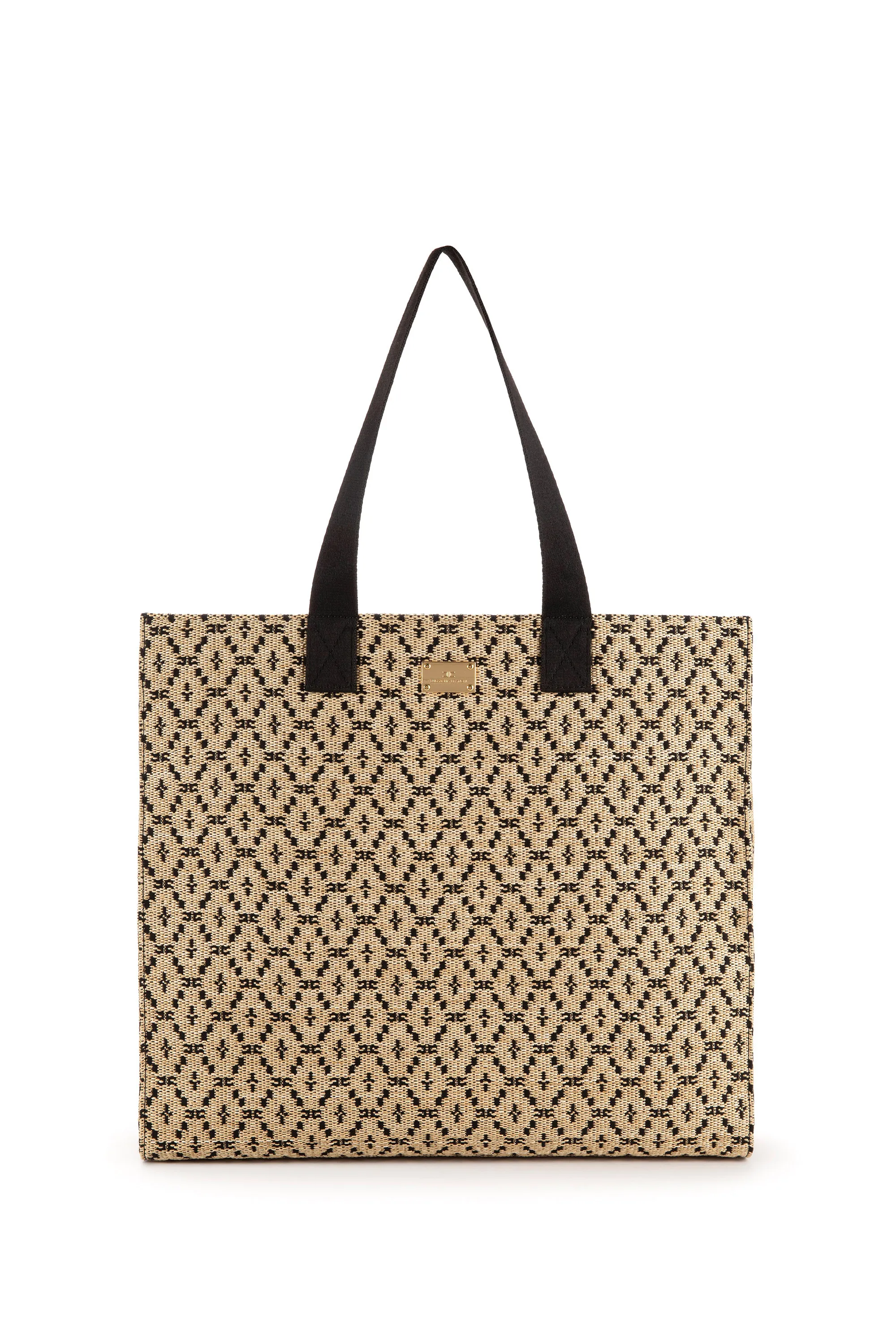 Shopper grande in rafia con tessuto jacquard