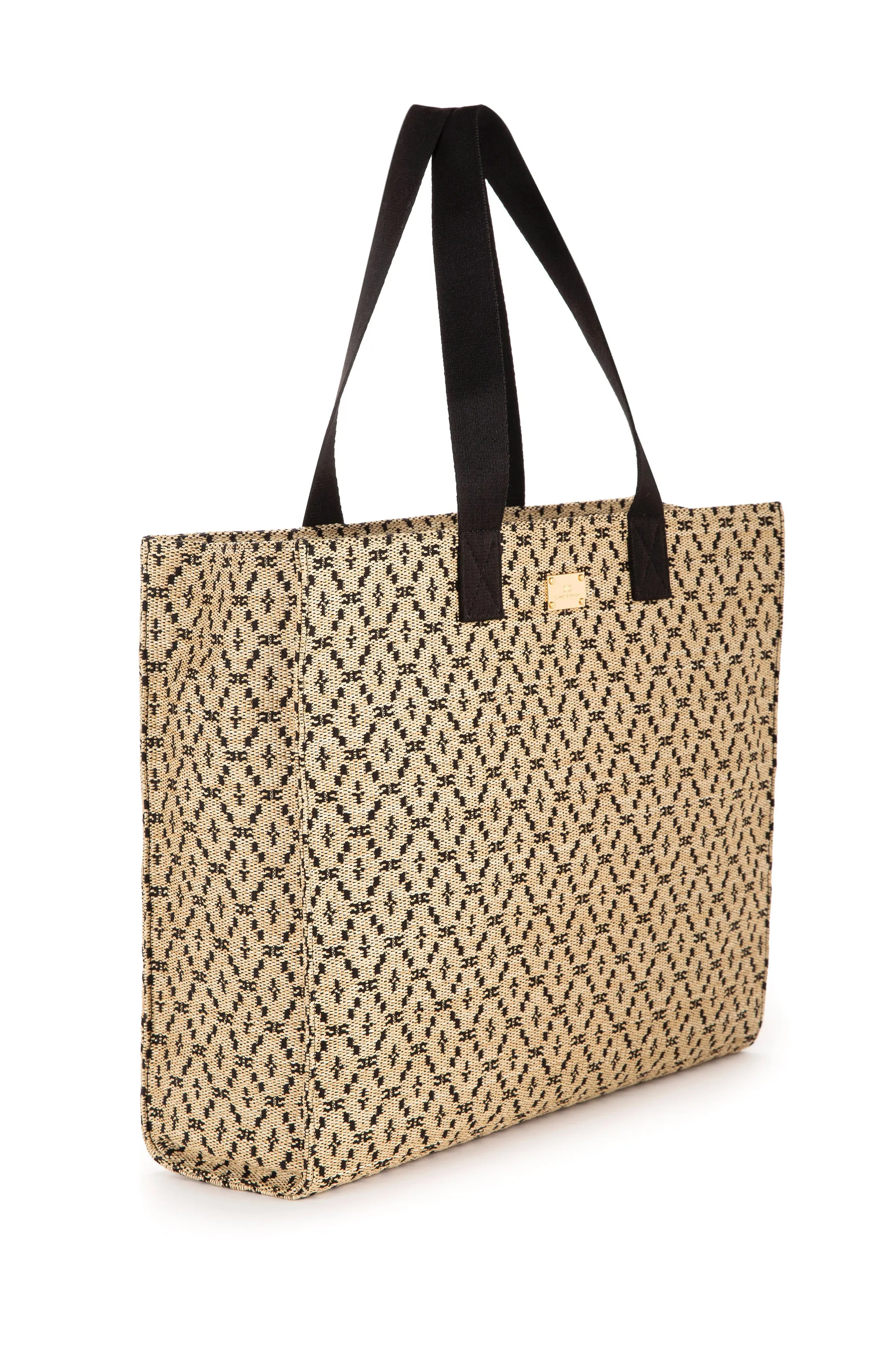 Shopper grande in rafia con tessuto jacquard