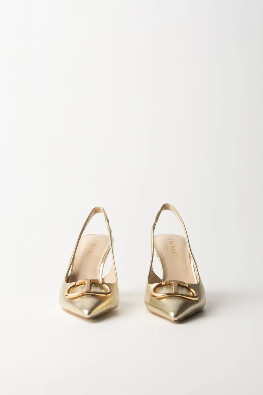 Slingback in pelle con logo Oro