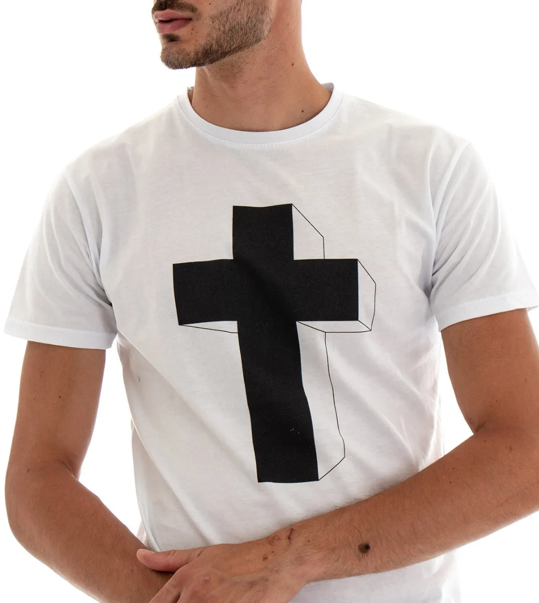 T-shirt Uomo Maglia Manica Corta Tinta Unita Bianca Stampa Croce Girocollo Cotone GIOSAL