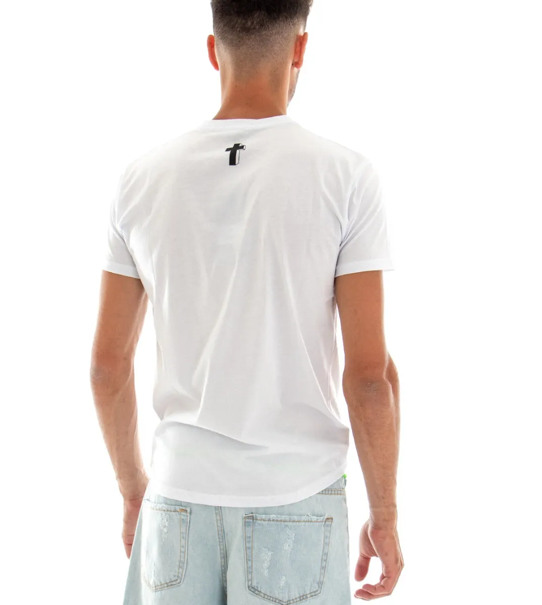 T-shirt Uomo Maglia Manica Corta Tinta Unita Bianca Stampa Croce Girocollo Cotone GIOSAL