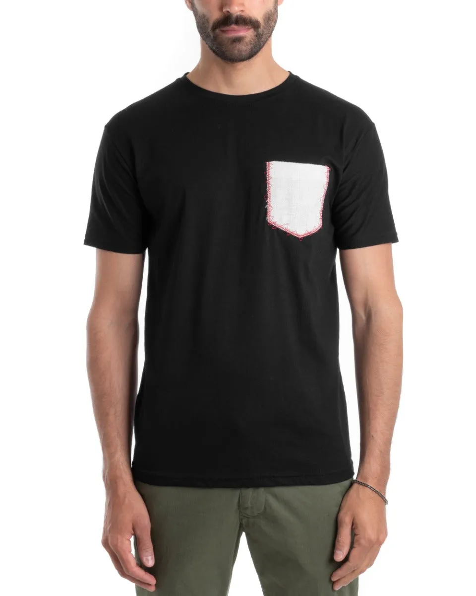 T-shirt Uomo Manica Corta Casual Taschino Girocollo Tinta Unita Nera GIOSAL