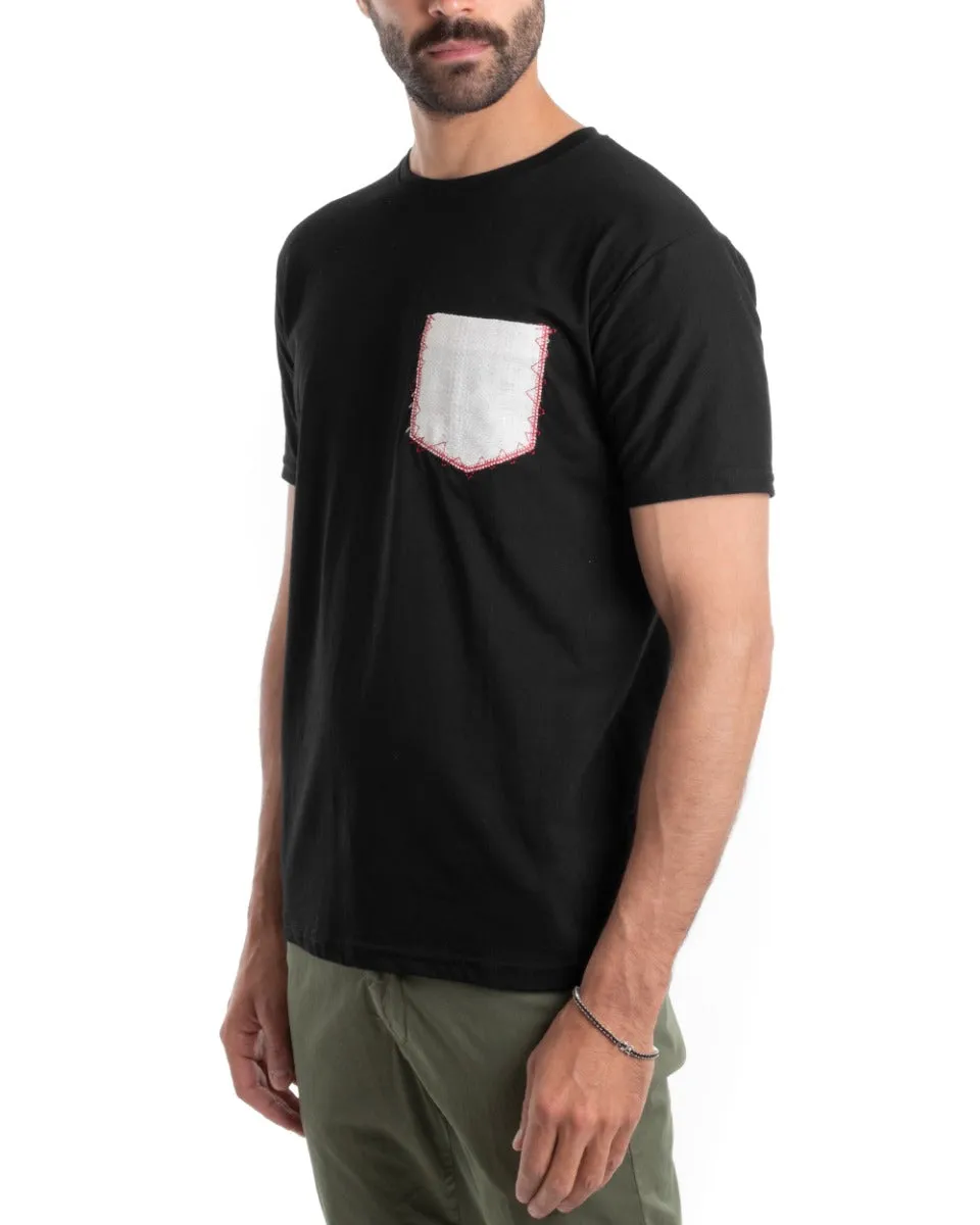 T-shirt Uomo Manica Corta Casual Taschino Girocollo Tinta Unita Nera GIOSAL