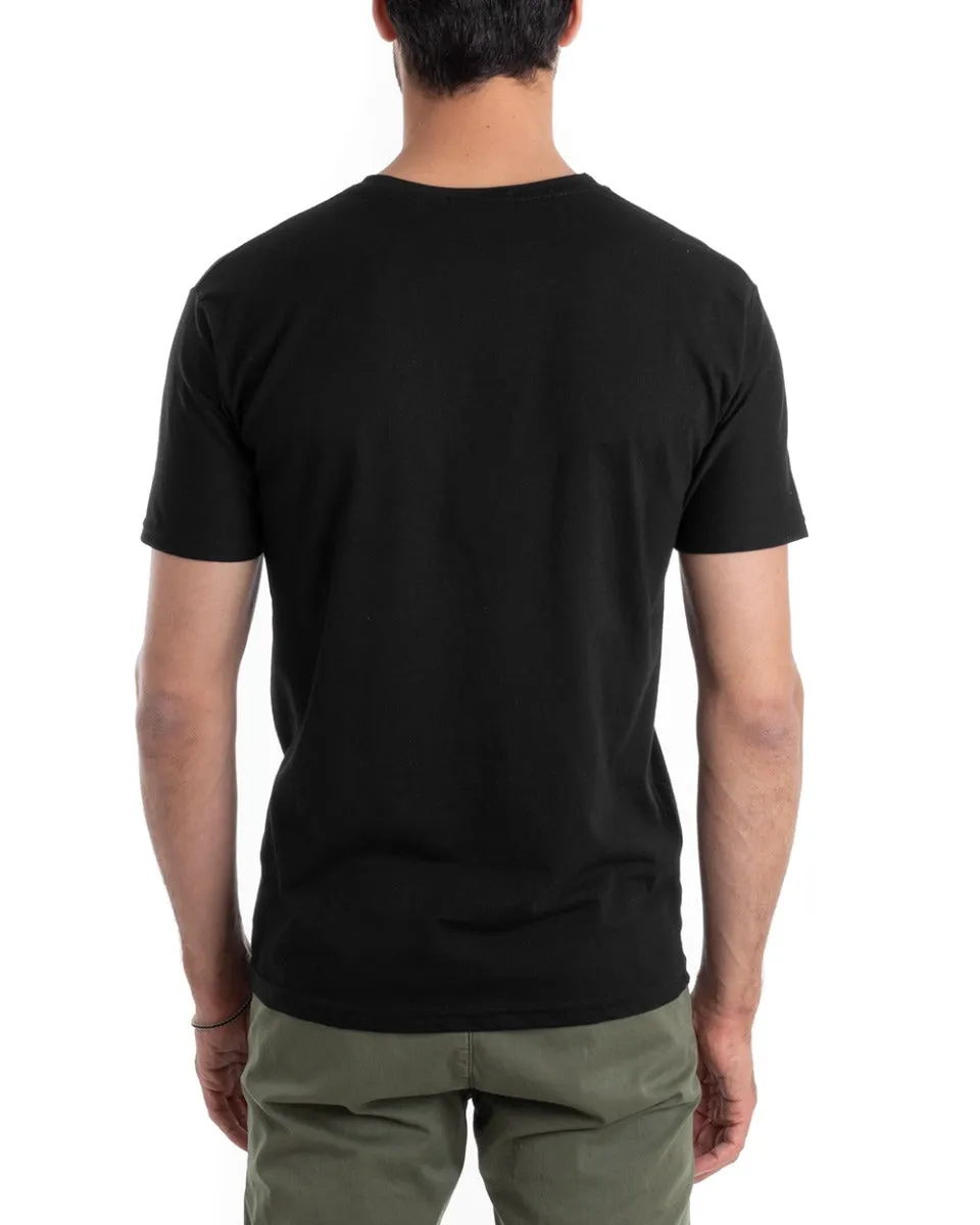 T-shirt Uomo Manica Corta Casual Taschino Girocollo Tinta Unita Nera GIOSAL
