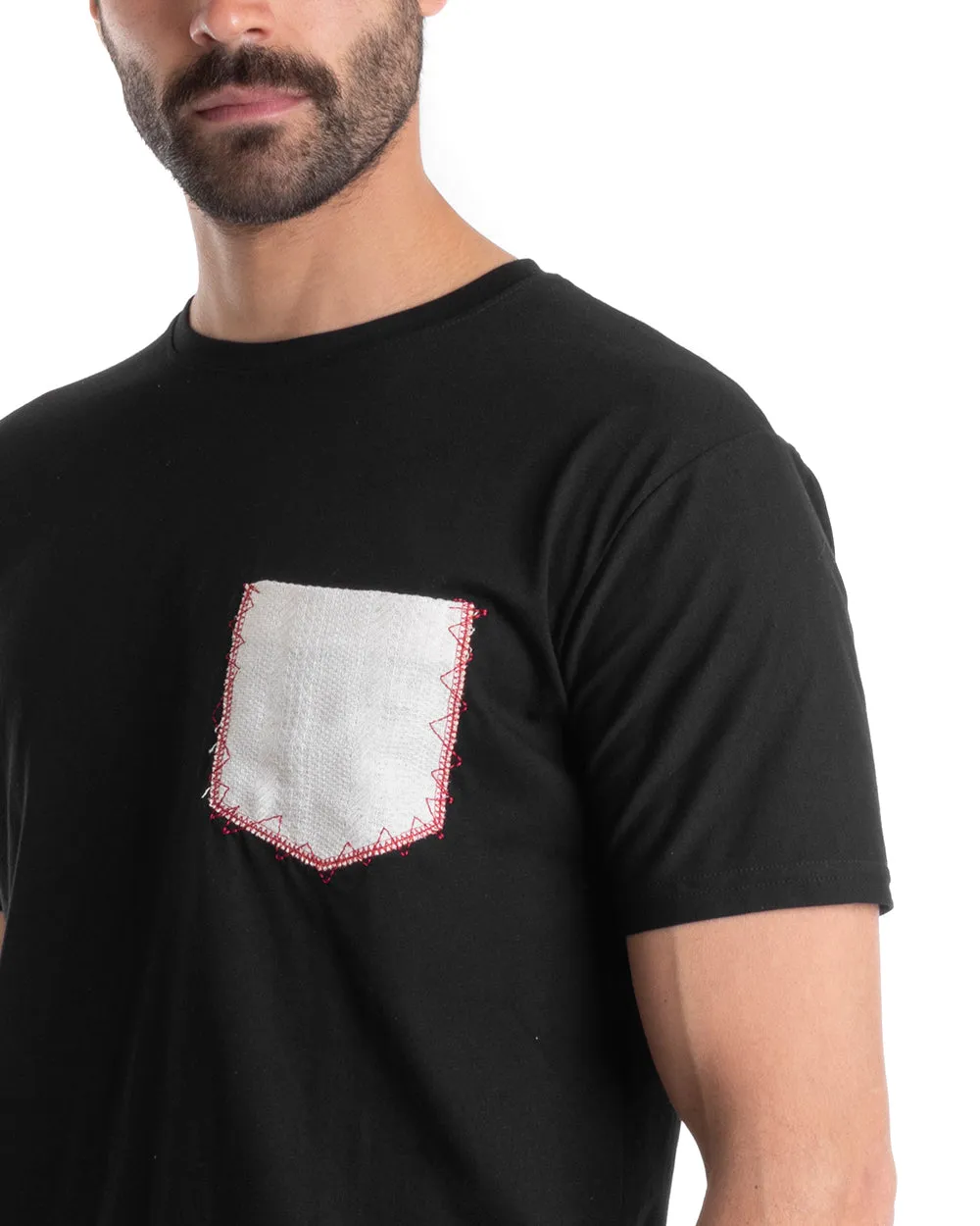 T-shirt Uomo Manica Corta Casual Taschino Girocollo Tinta Unita Nera GIOSAL