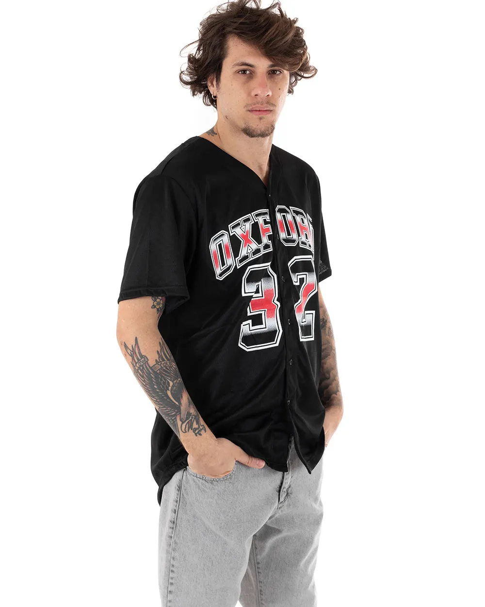 T-shirt Uomo Manica Corta Tinta Unita Bottoni Stampa Casual GIOSAL