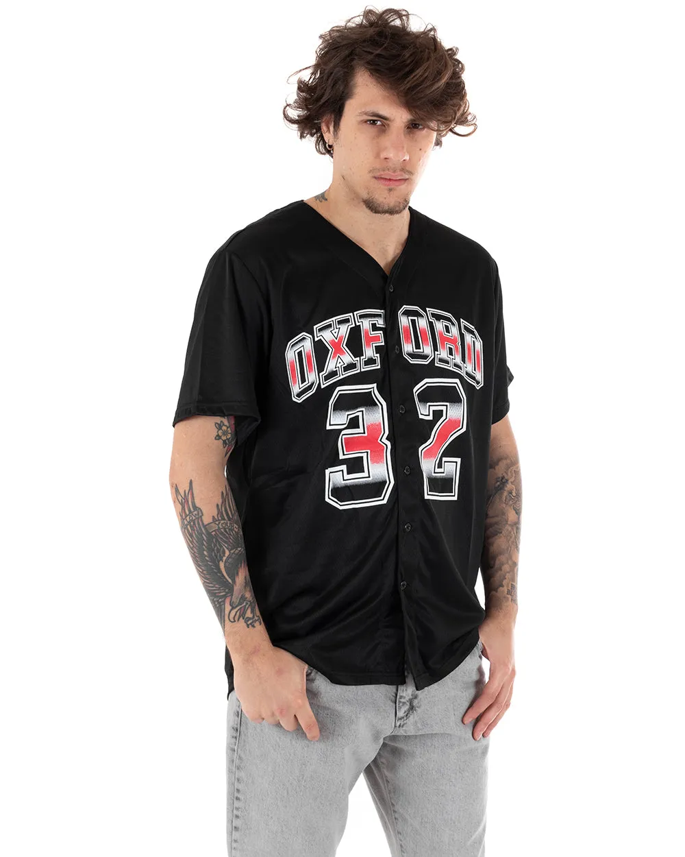 T-shirt Uomo Manica Corta Tinta Unita Bottoni Stampa Casual GIOSAL