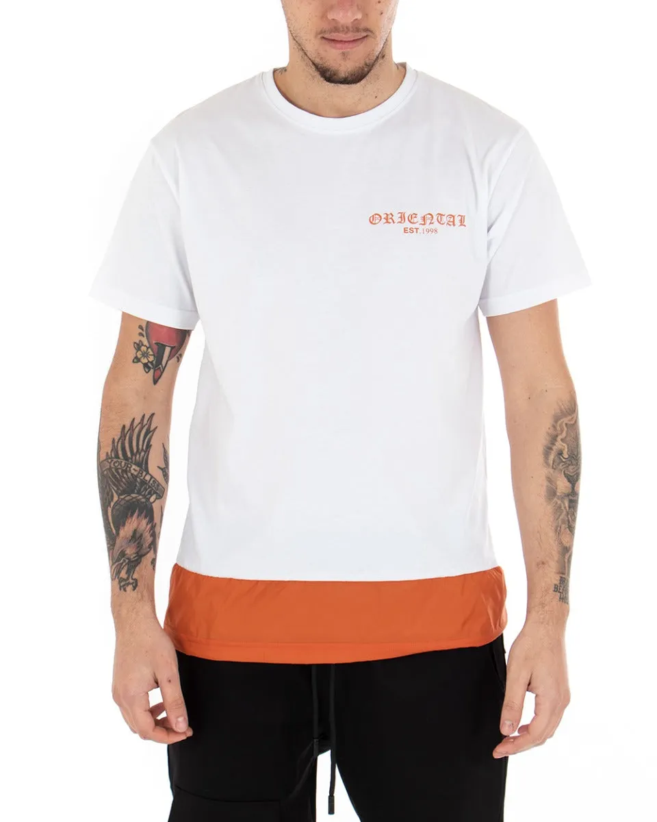 T-shirt Uomo Maniche Corte Bianca Stampa Retro Girocollo Arancio GIOSAL
