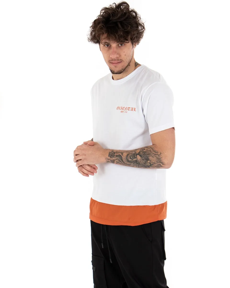 T-shirt Uomo Maniche Corte Bianca Stampa Retro Girocollo Arancio GIOSAL