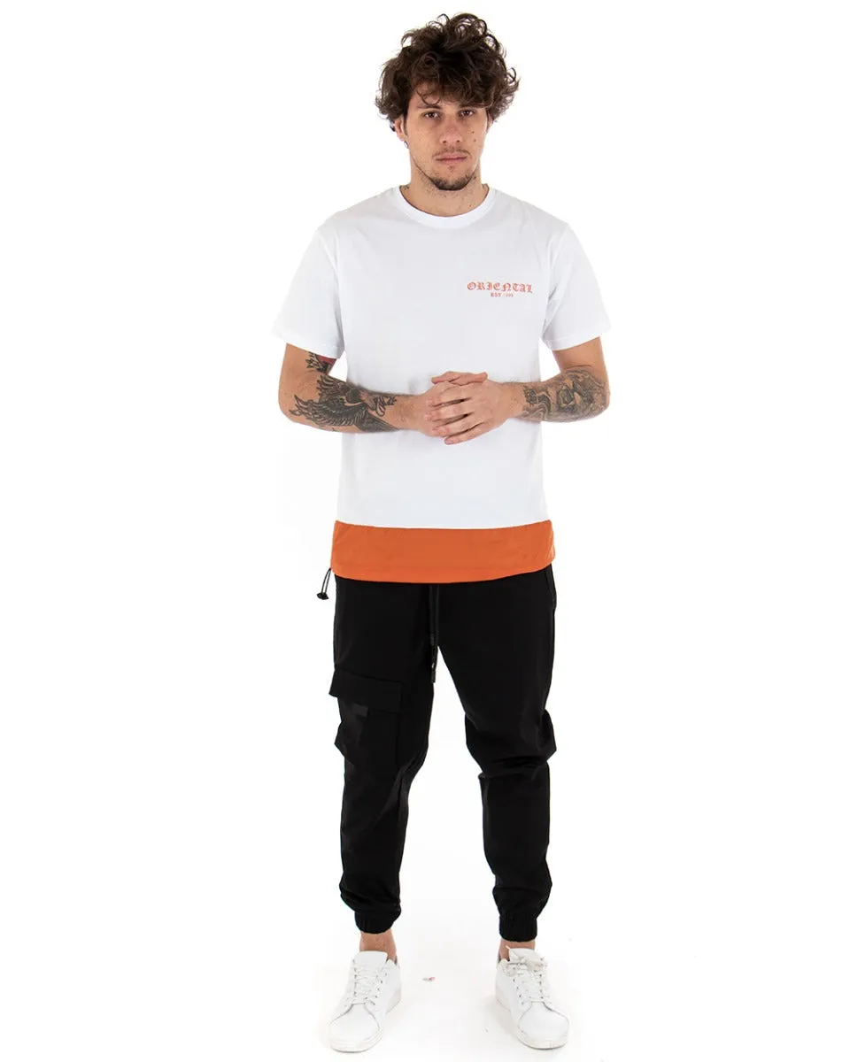 T-shirt Uomo Maniche Corte Bianca Stampa Retro Girocollo Arancio GIOSAL