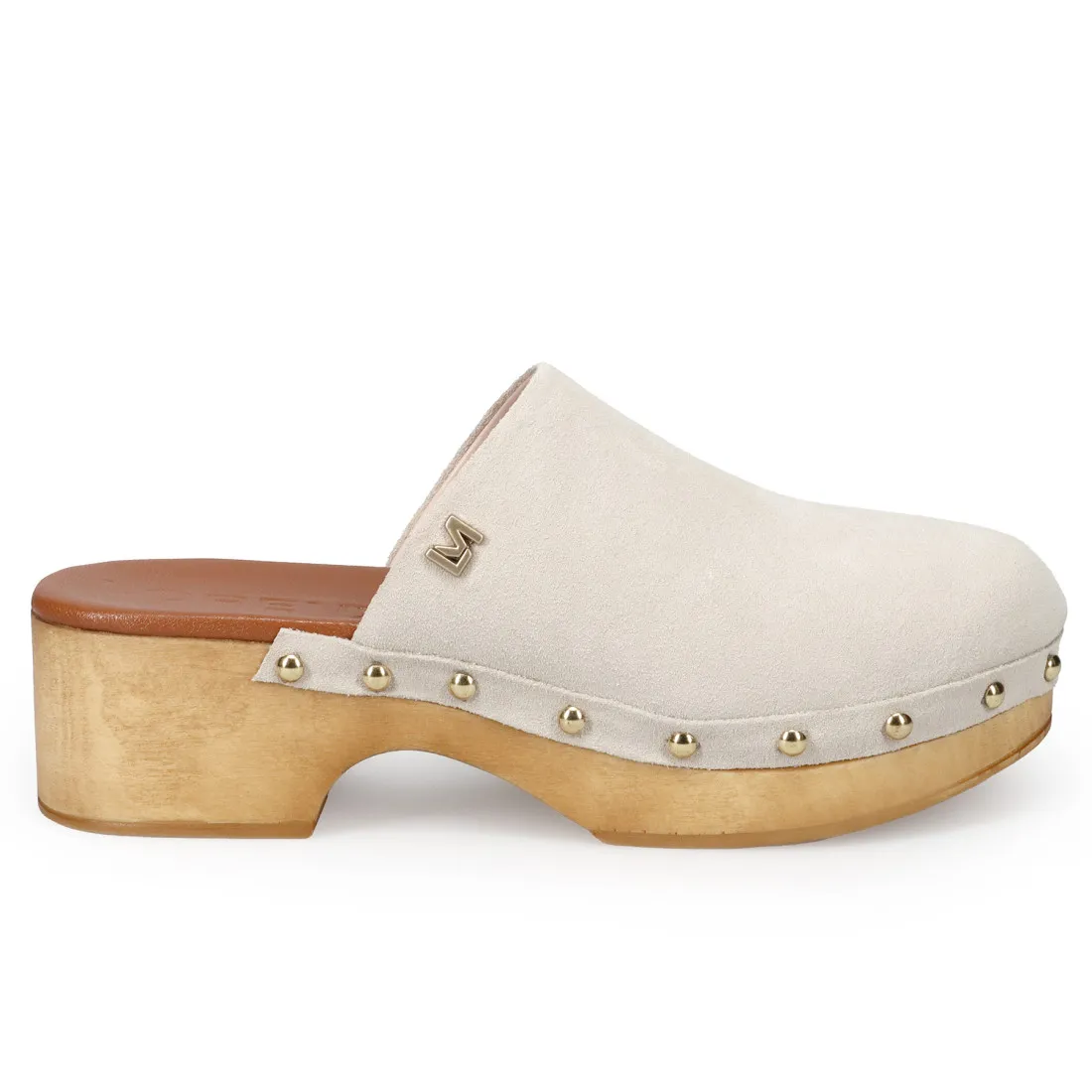 Zoccolo Lorenzo Mari Penelope in suede sabbia con suola in legno