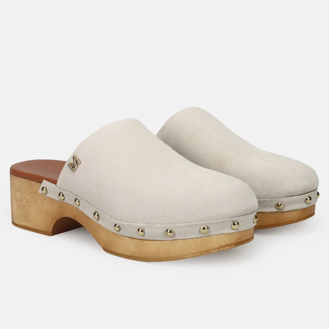 Zoccolo Lorenzo Mari Penelope in suede sabbia con suola in legno